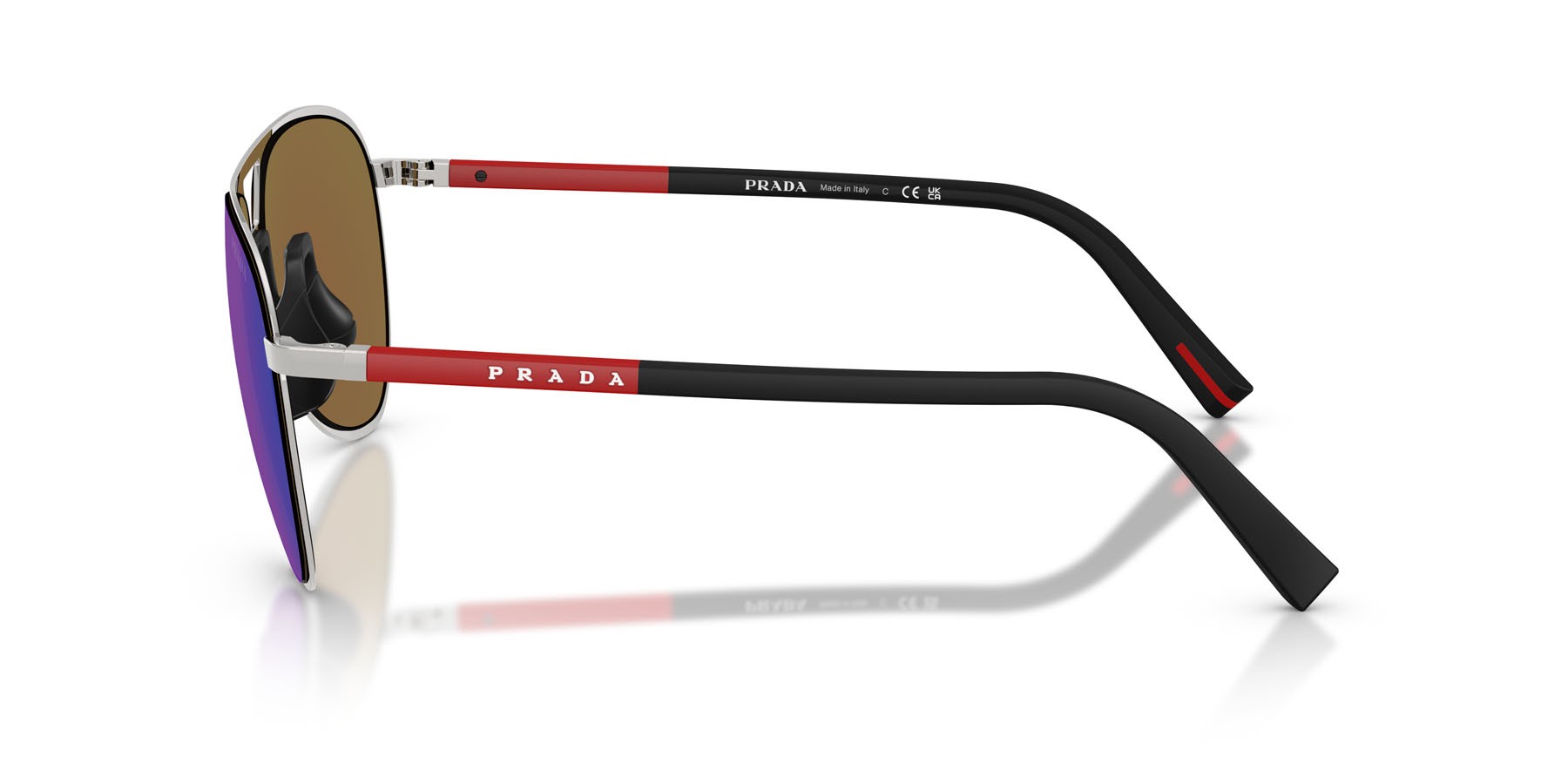 Occhiali da sole Prada Linea Rossa PS 53ZS (1BC08R) colore argento forma aviator lenti verde chiaro specchiato blu