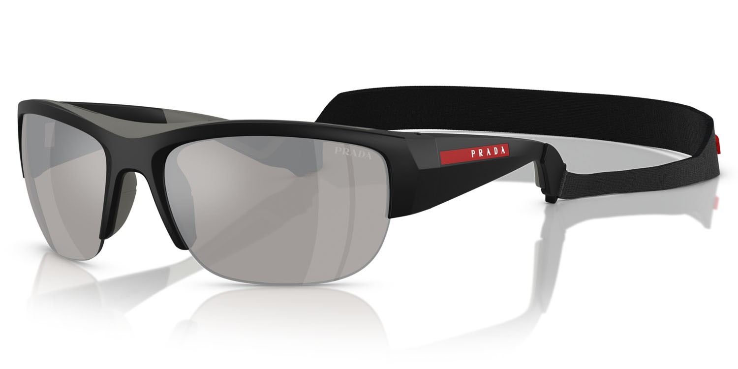 Occhiali da sole Prada Linea Rossa PS A01S (1BO05A) colore nero opaco forma quadrato lenti grigio chiaro specchiato argento