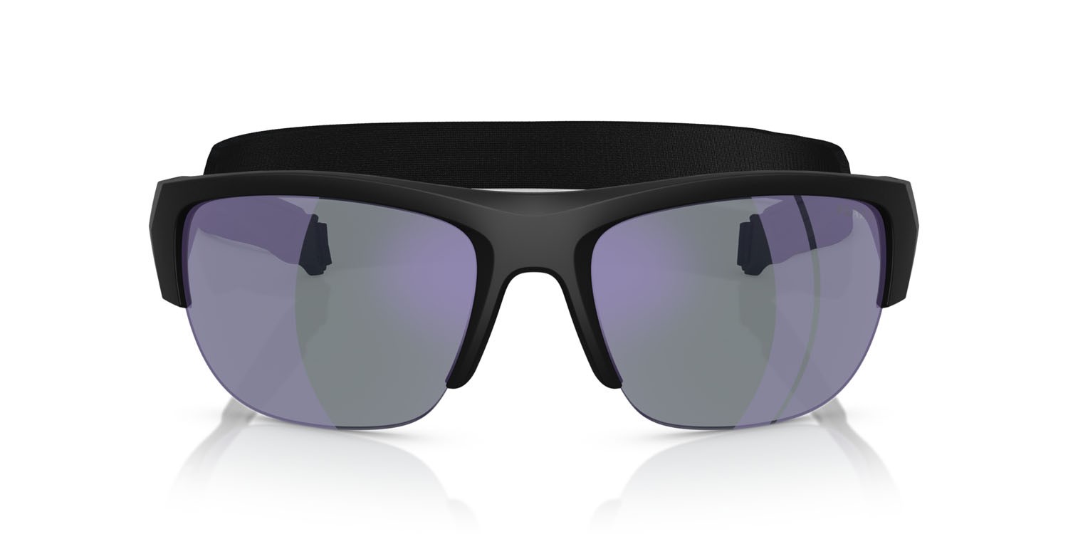 Occhiali da sole Prada Linea Rossa PS A01S (1BO10J) colore nero opaco forma quadrato lenti blu scuro specchiata viola