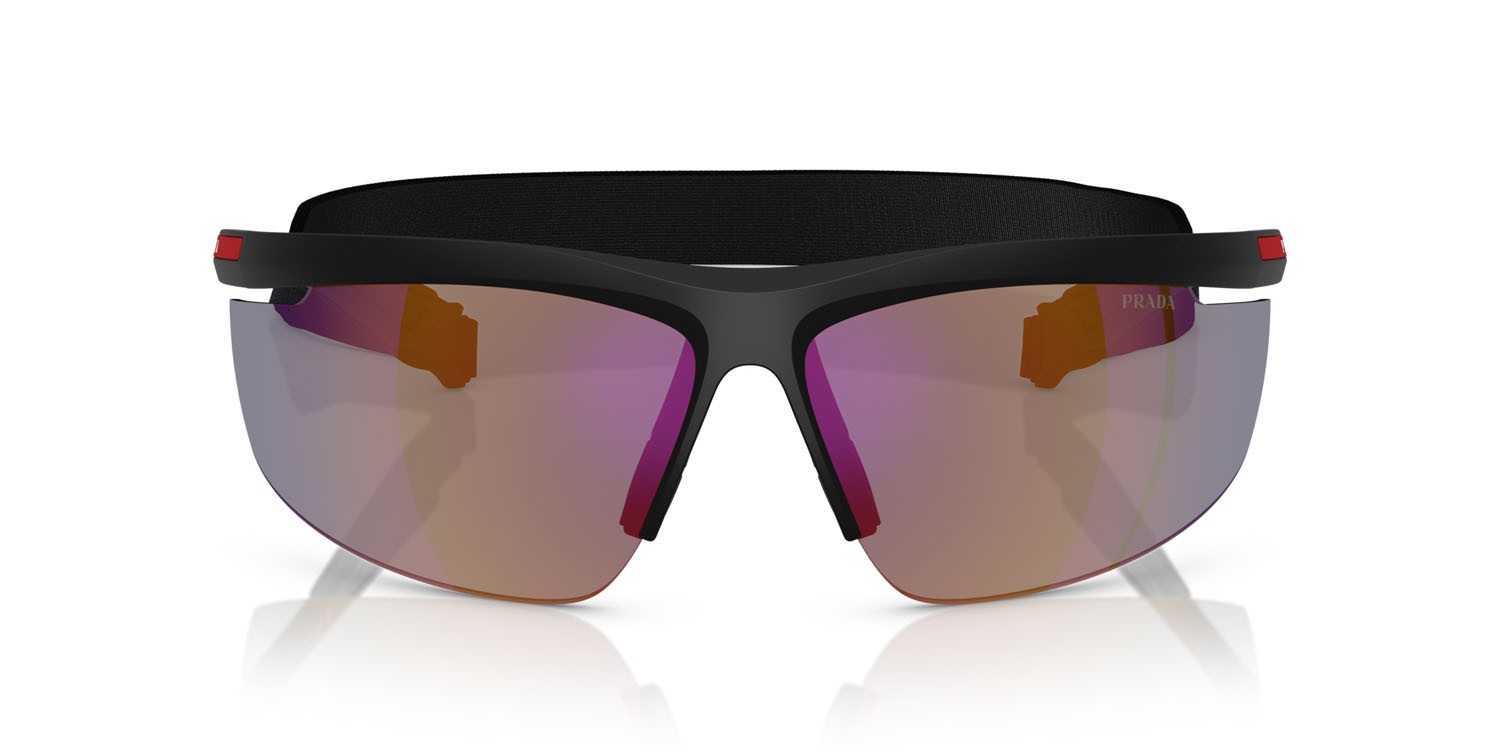 Occhiali da sole Prada Linea Rossa PS A02S (1BO10J) colore nero opaco forma quadrato lenti blu scuro specchiata viola