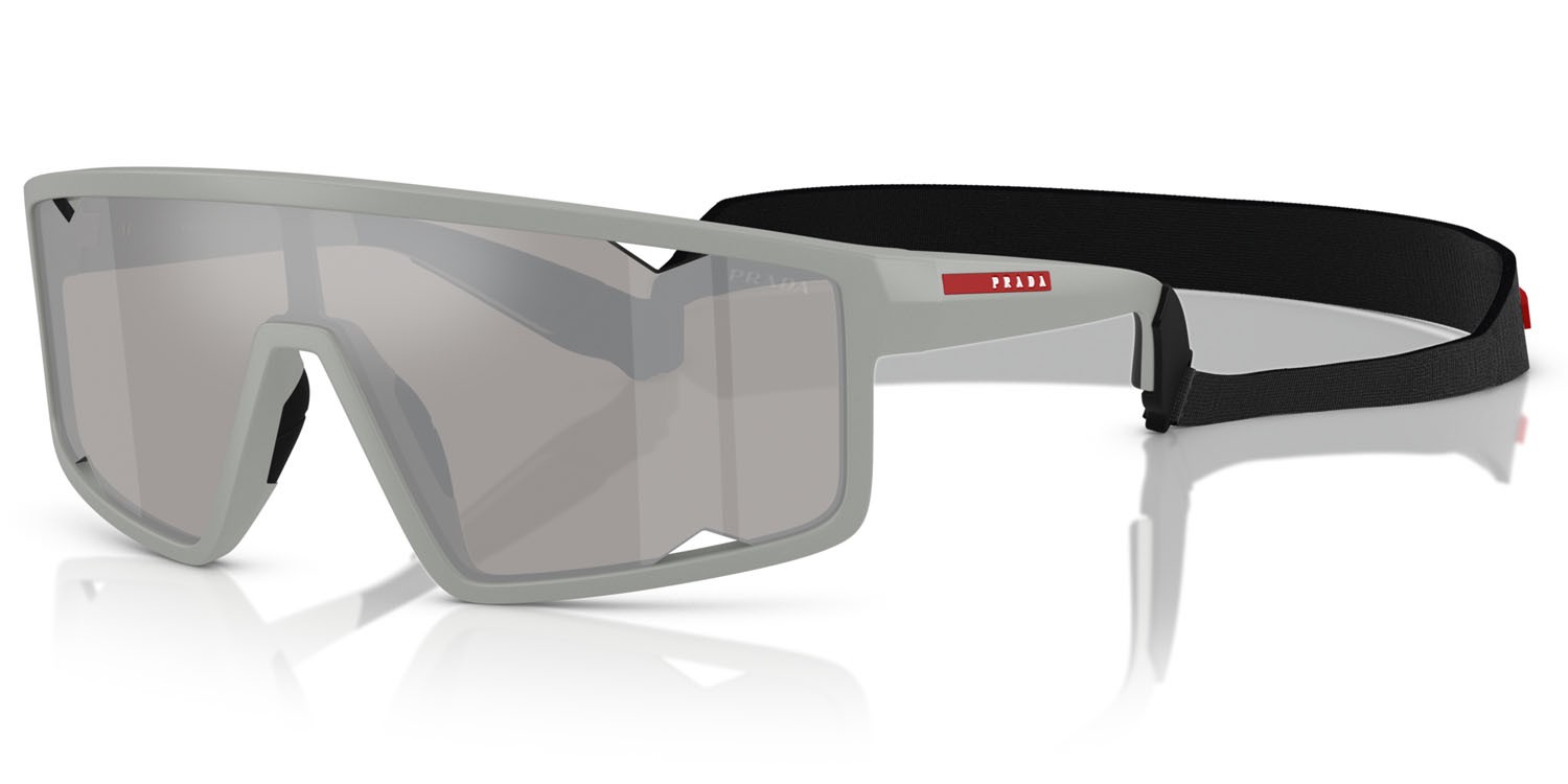 Occhiali da sole Prada Linea Rossa PS A03S (13Z05A) colore grigio ferro opaco forma rettangolare lenti grigio chiaro specchiato argento