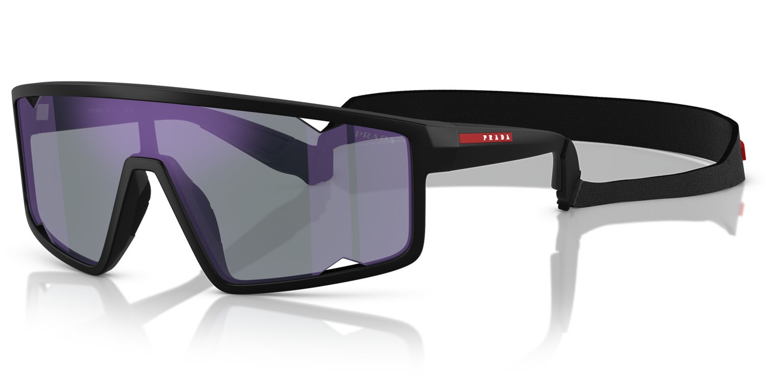 Occhiali da sole Prada Linea Rossa PS A03S (1BO10J) colore nero opaco forma rettangolare lenti blu scuro specchiata viola