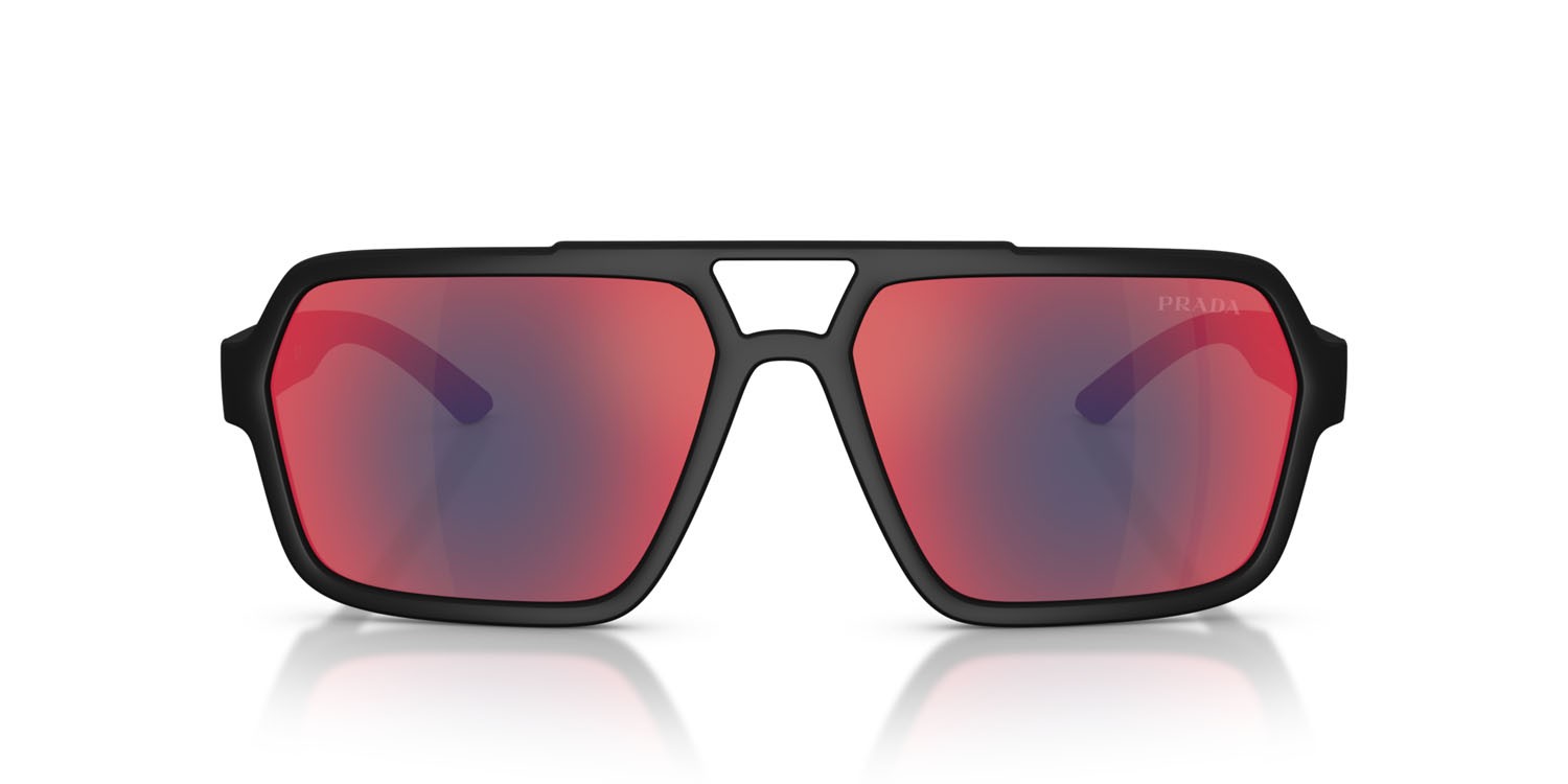 Occhiali da sole Prada Linea Rossa PS A06S (DG008F) colore nero effetto gommato forma aviator lenti grigio scuro specchiato blu/rosso