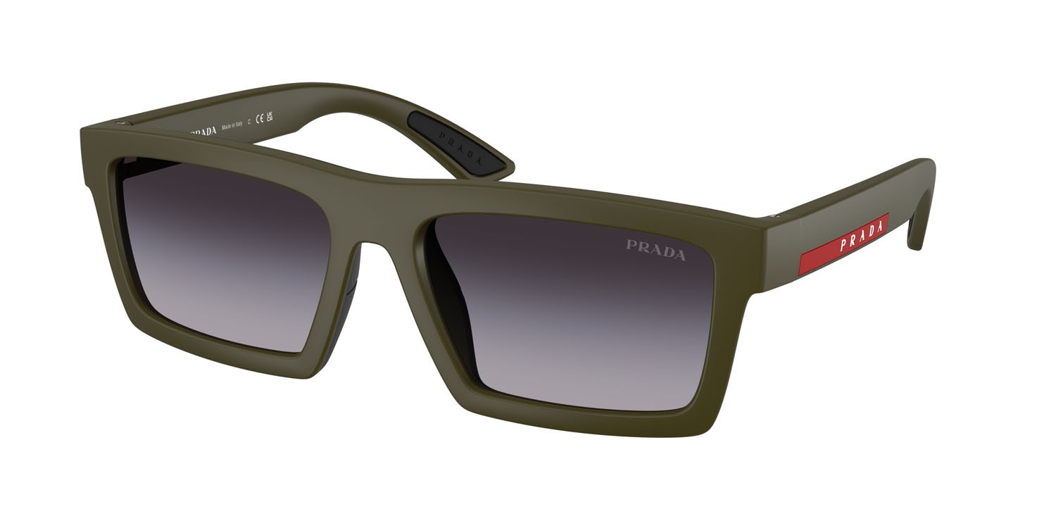 Occhiali da sole Prada Linea Rossa PS A07S (15X09U) colore verde opaco/nero effetto gommato forma rettangolare lenti sfumato grigio