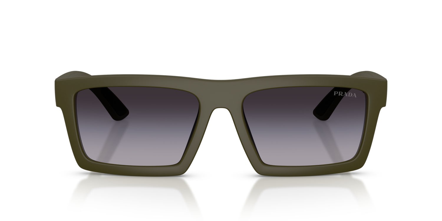 Occhiali da sole Prada Linea Rossa PS A07S (15X09U) colore verde opaco/nero effetto gommato forma rettangolare lenti sfumato grigio