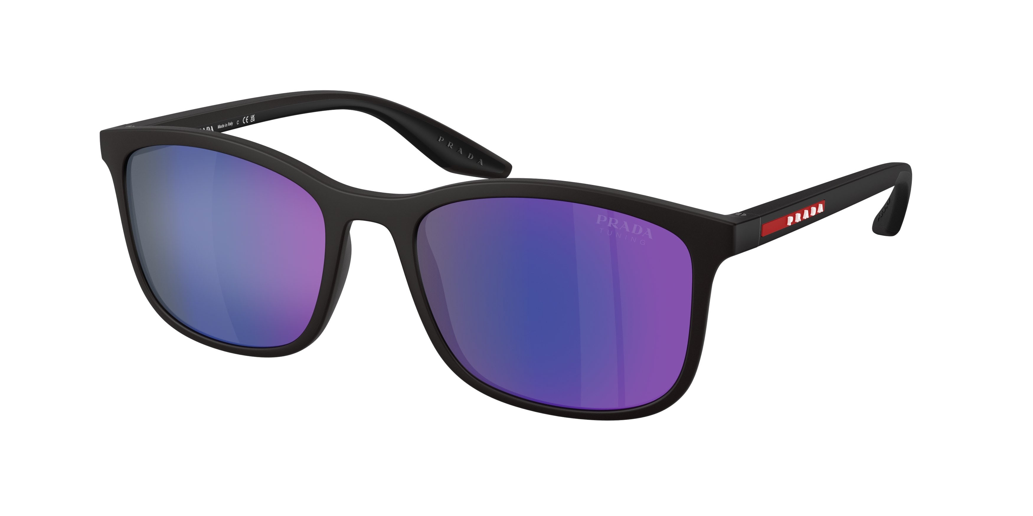 Occhiali da sole Prada Linea Rossa PS A08S (UFK05U) colore grigio opaco forma quadrato lenti blu scuro specchiata viola