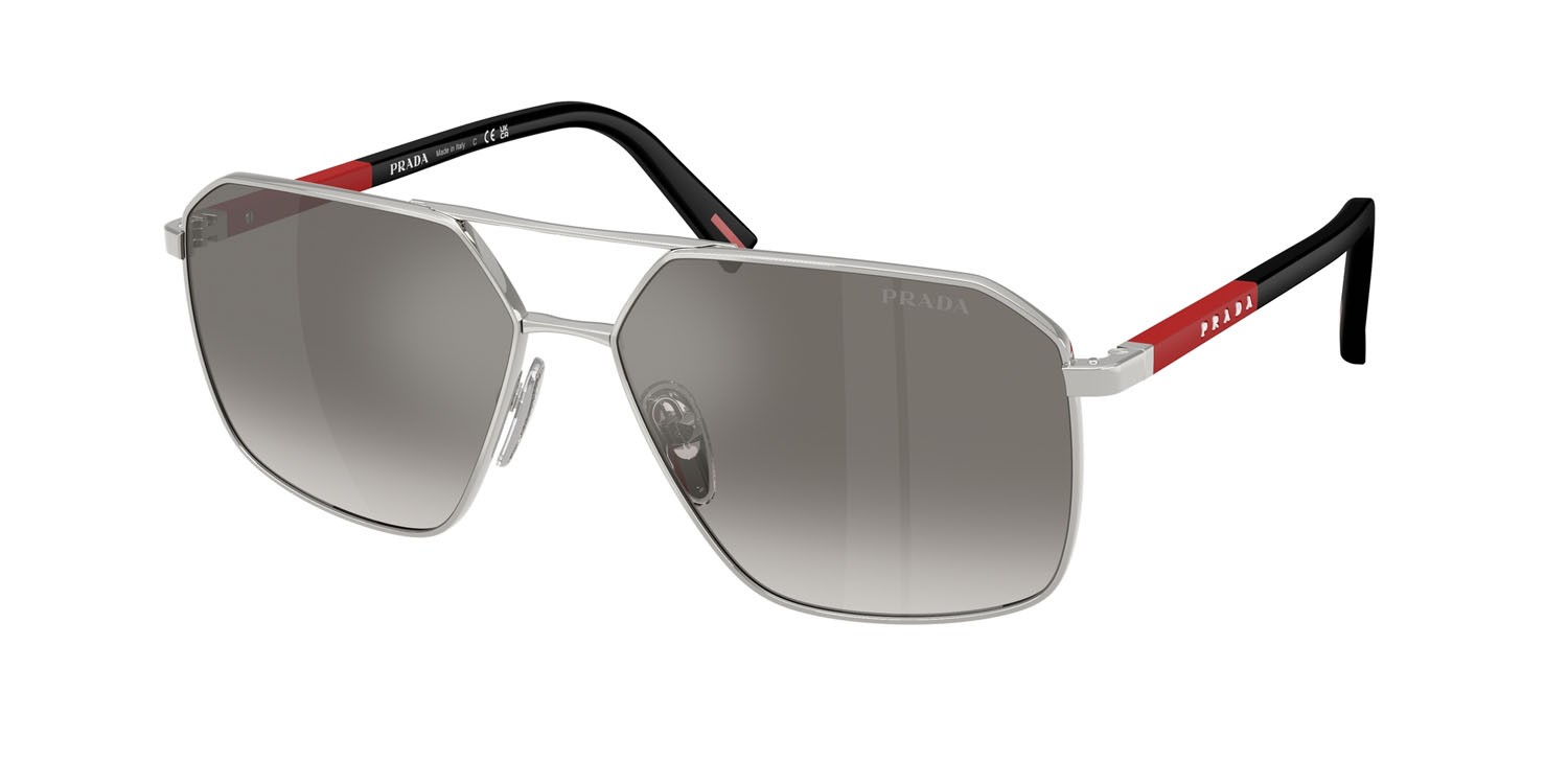 Occhiali da sole Prada Linea Rossa PS A50S (1BC02M) colore argento forma irregolare lenti grigio sfumato specchiato argento