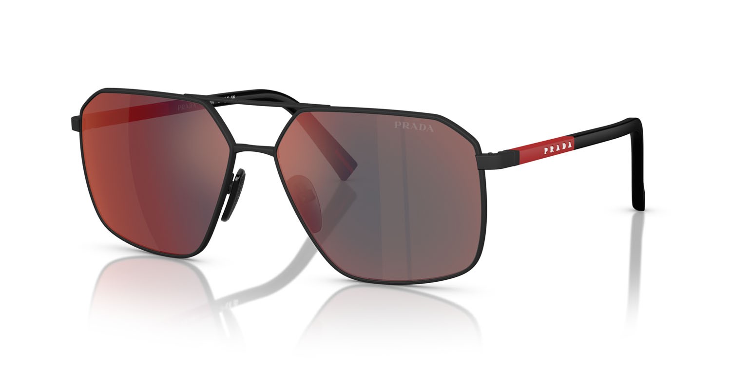 Sonnenbrillen Prada Linea Rossa PS A50S (DG008F) farbe nero effetto gommato form unregelmäßig gläser grigio scuro specchiato blu/rosso