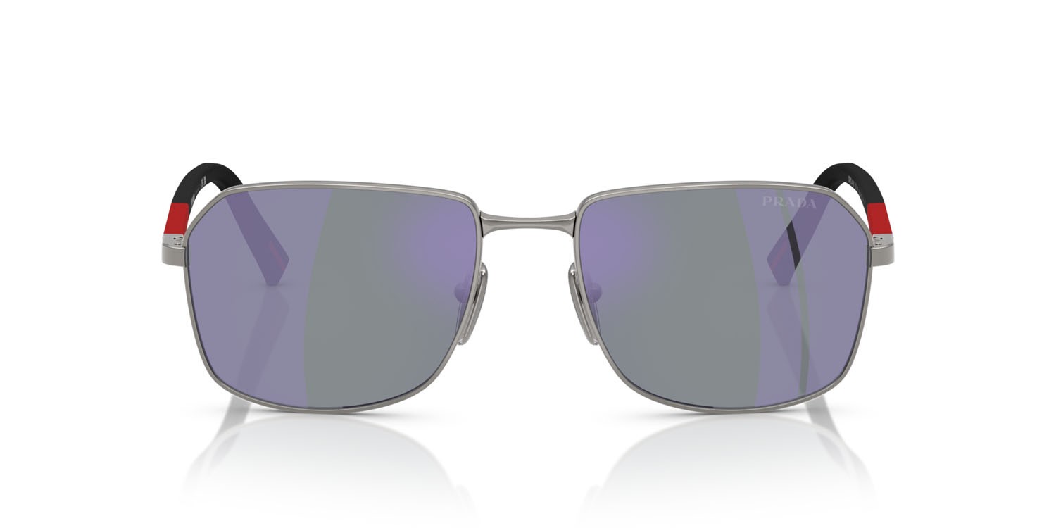 Occhiali da sole Prada Linea Rossa PS A51S (5AV10J) colore gunmetal forma rettangolare lenti blu scuro specchiata viola