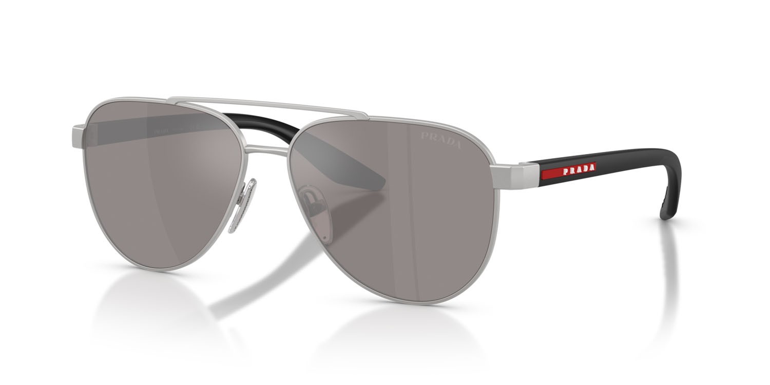 Occhiali da sole Prada Linea Rossa PS A52S (18X80I) colore grigio opaco forma aviator lenti viola marrone argento a specchio