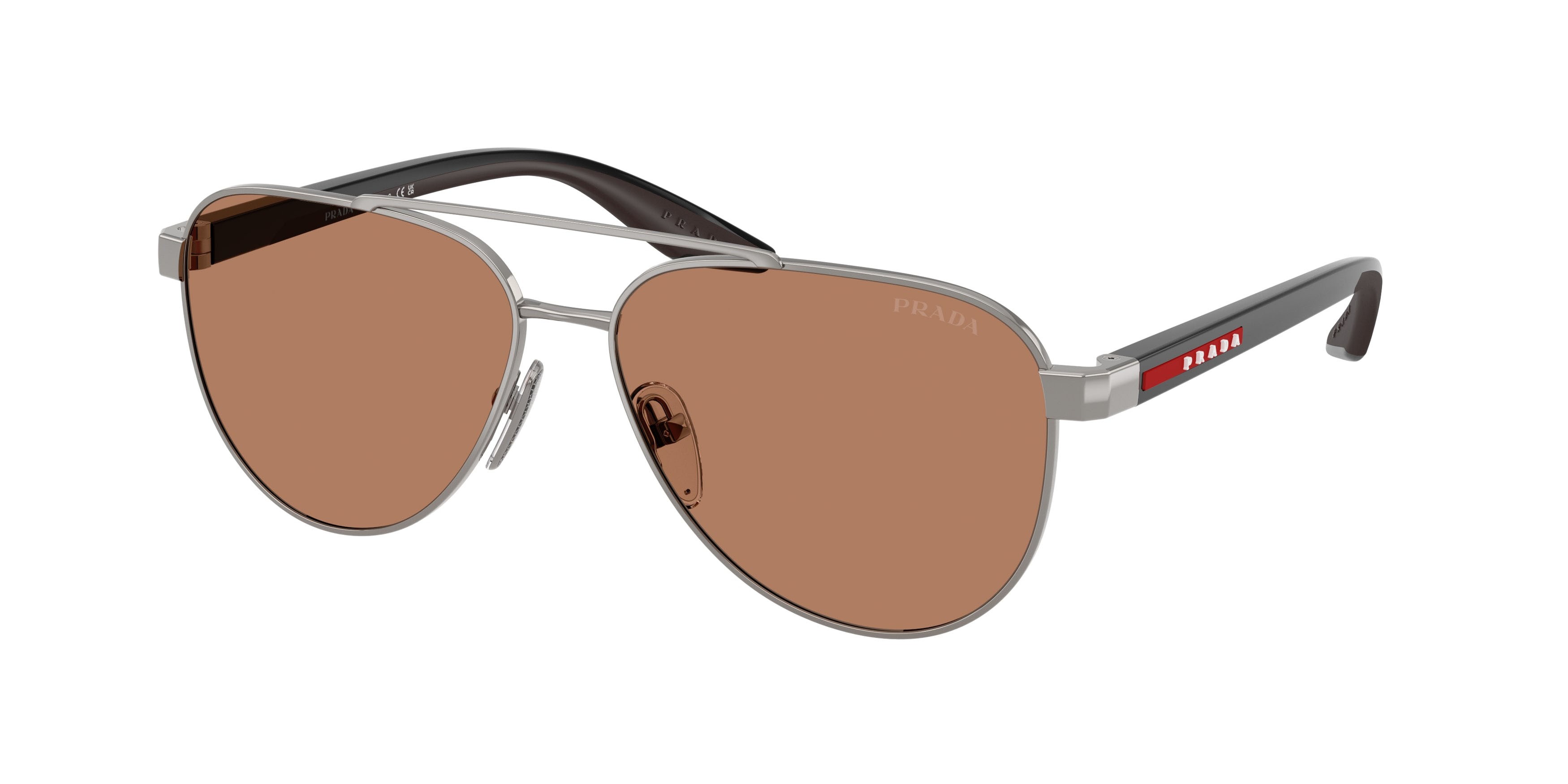 Occhiali da sole Prada Linea Rossa PS A52S (5AV20D) colore gunmetal forma aviator lenti marrone