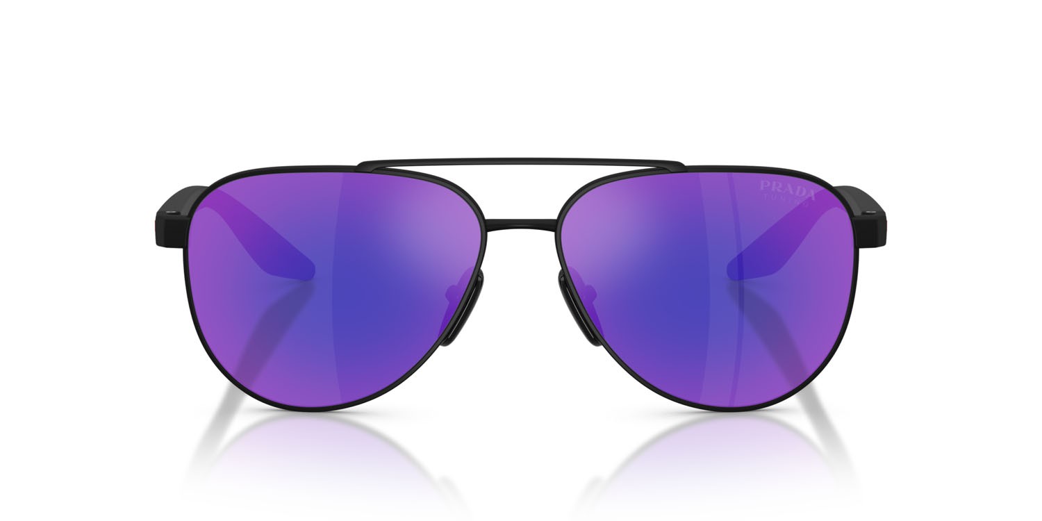 Occhiali da sole Prada Linea Rossa PS A52S (DG005U) colore nero effetto gommato forma aviator lenti blu scuro specchiata viola