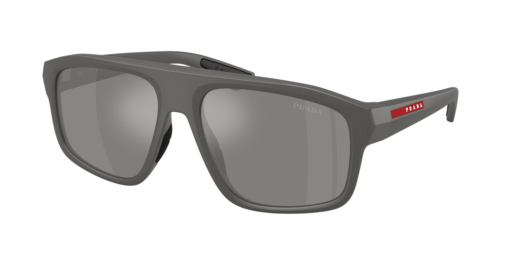 Occhiali da sole Prada Linea Rossa PS B02S (16X7W1) colore grigio metallizzato forma irregolare lenti grigio argento specchiato