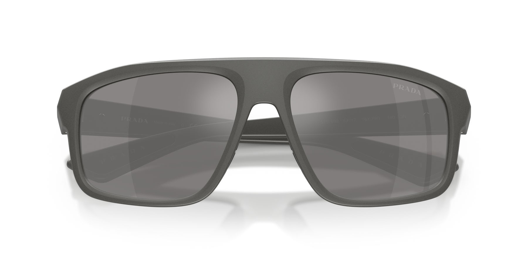 Occhiali da sole Prada Linea Rossa PS B02S (16X7W1) colore grigio metallizzato forma irregolare lenti grigio argento specchiato