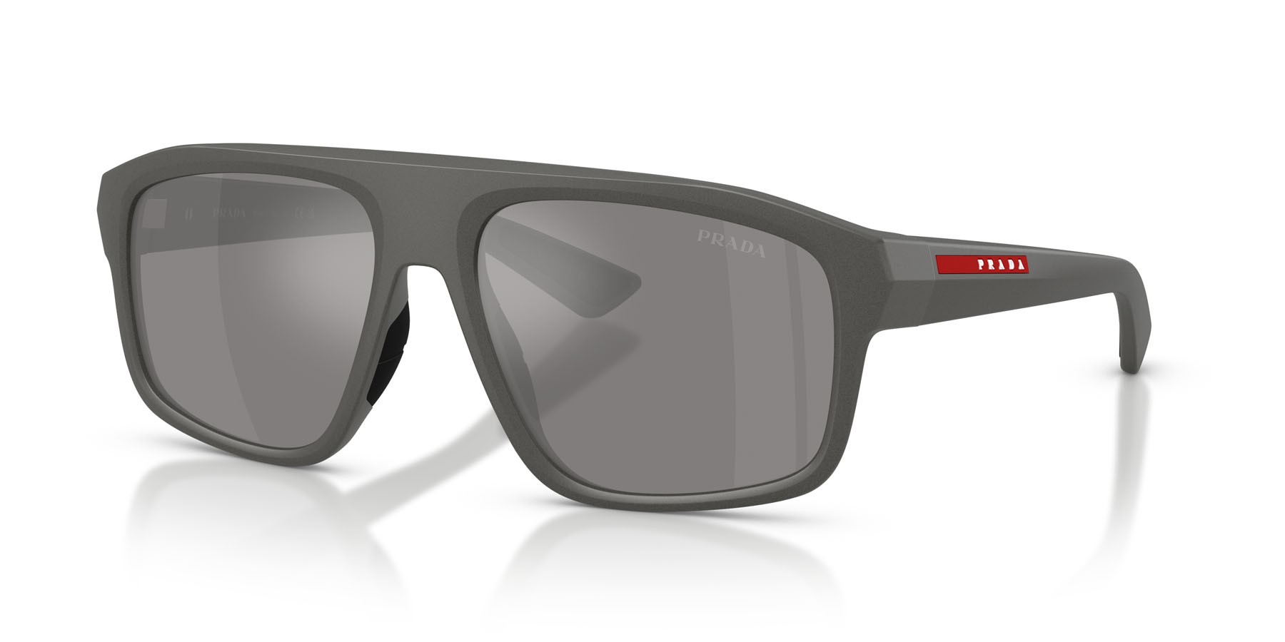 Occhiali da sole Prada Linea Rossa PS B02S (16X7W1) colore grigio metallizzato forma irregolare lenti grigio argento specchiato