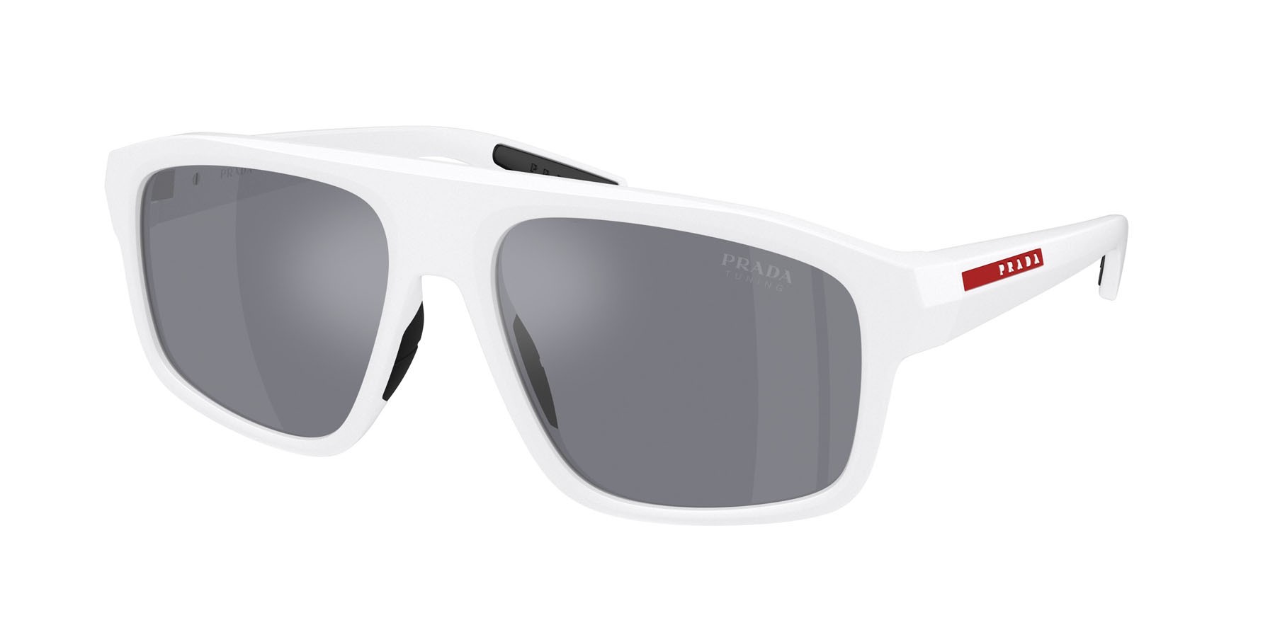Occhiali da sole Prada Linea Rossa PS B02S (AAI40A) colore bianco opaco forma irregolare lenti azzurro specchiato argento