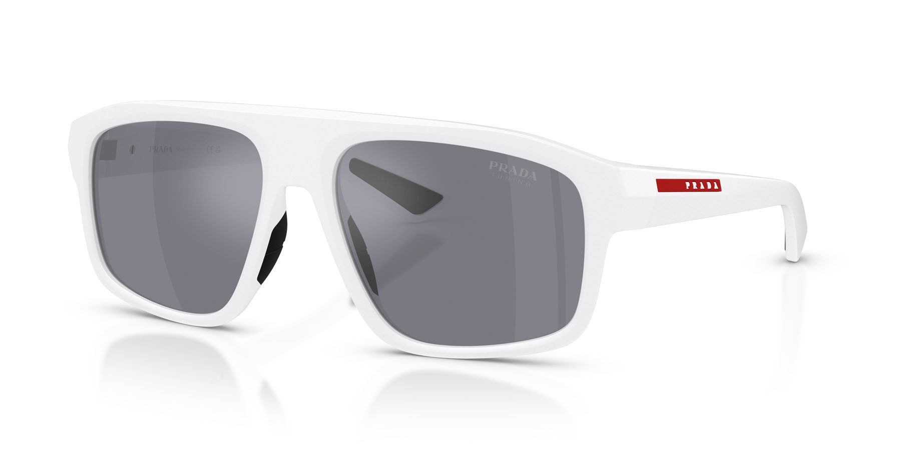 Occhiali da sole Prada Linea Rossa PS B02S (AAI40A) colore bianco opaco forma irregolare lenti azzurro specchiato argento