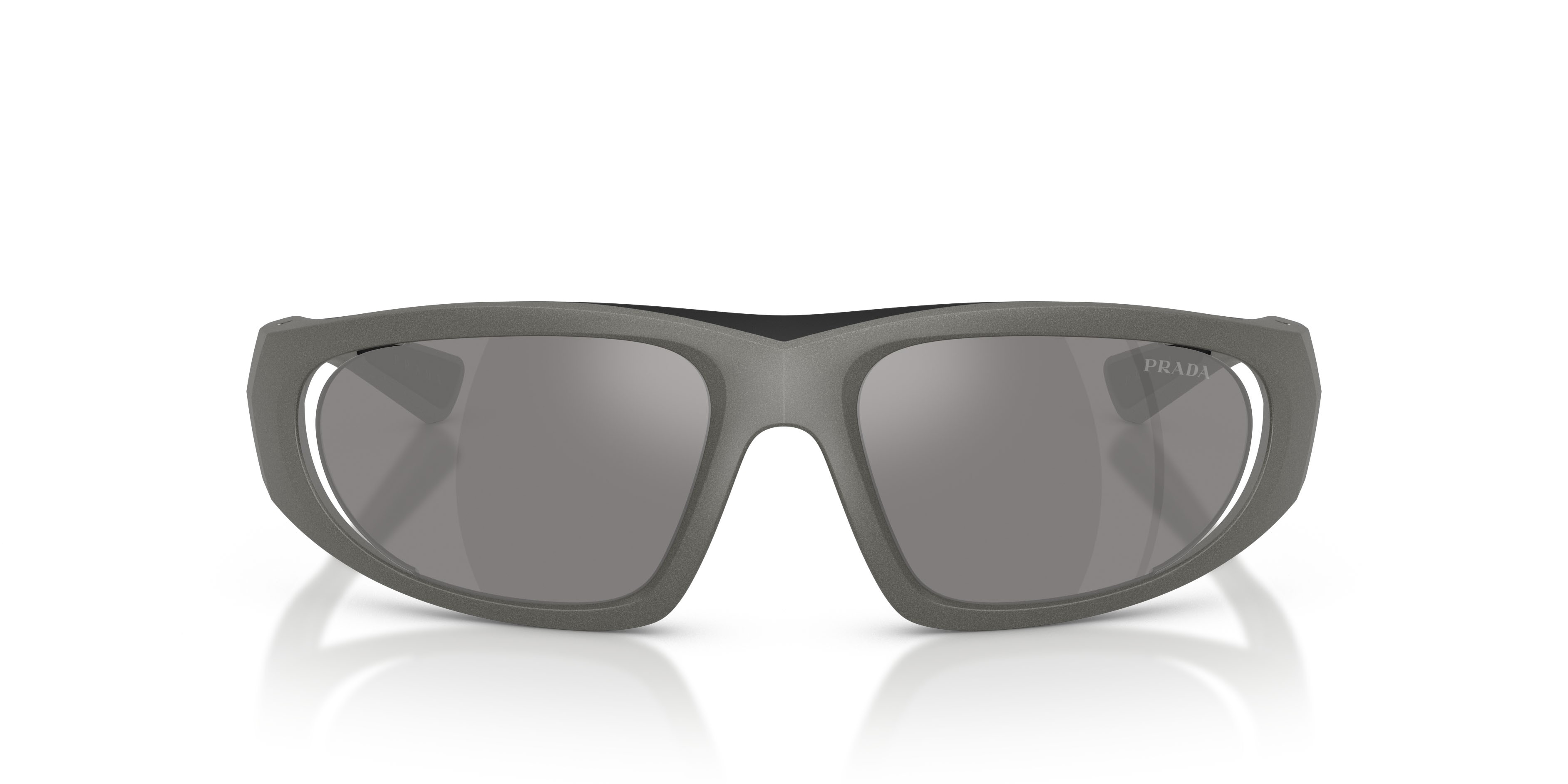 Occhiali da sole Prada Linea Rossa PS B03S (16X7W1) colore grigio metallizzato forma irregolare lenti grigio argento specchiato