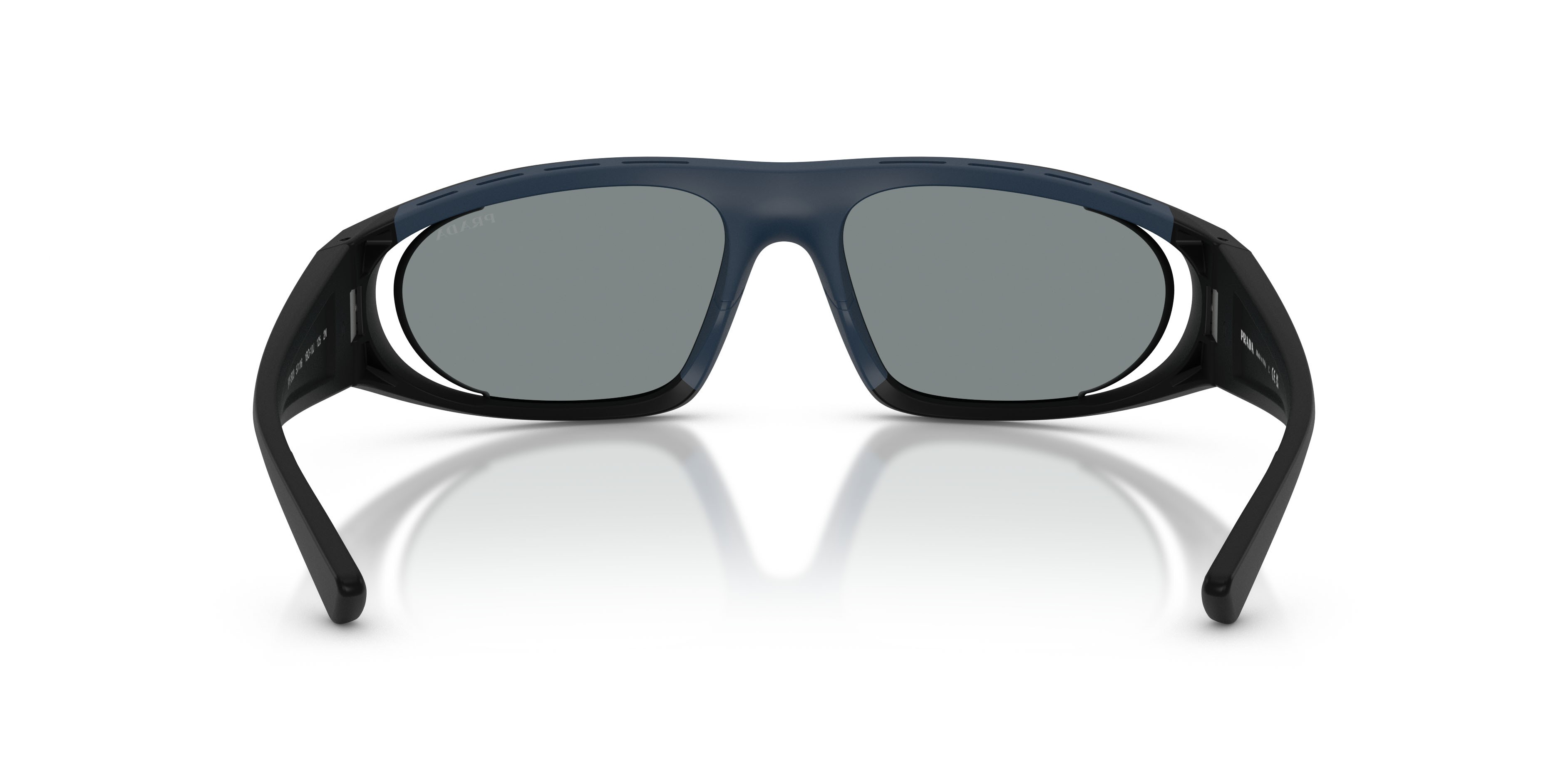 Sunglasses Prada Linea Rossa PS B03S (1BO10J) color nero opaco shape irregular lenses blu scuro specchiata viola