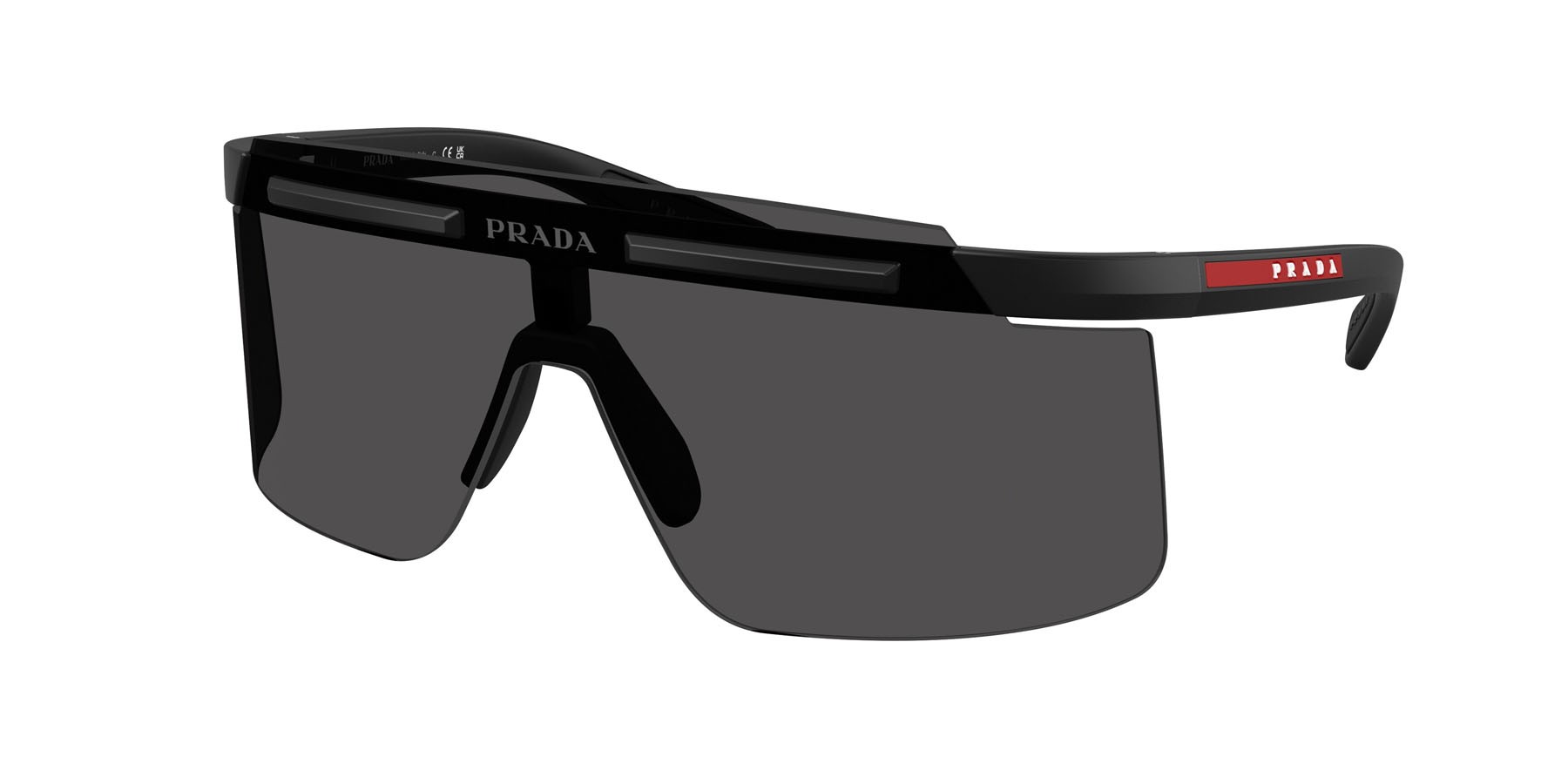 Occhiali da sole Prada Linea Rossa PS B06S (1BO06F) colore nero opaco forma rettangolare lenti grigio scuro