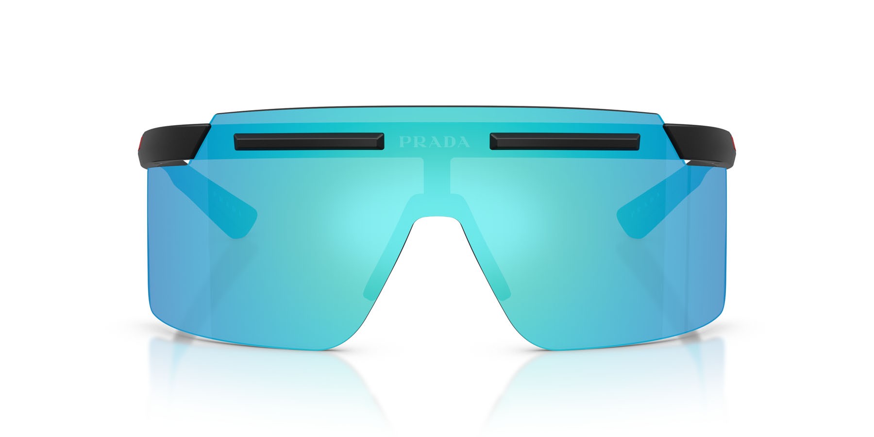 Occhiali da sole Prada Linea Rossa PS B06S (1BO08R) colore nero opaco forma rettangolare lenti verde chiaro specchiato blu