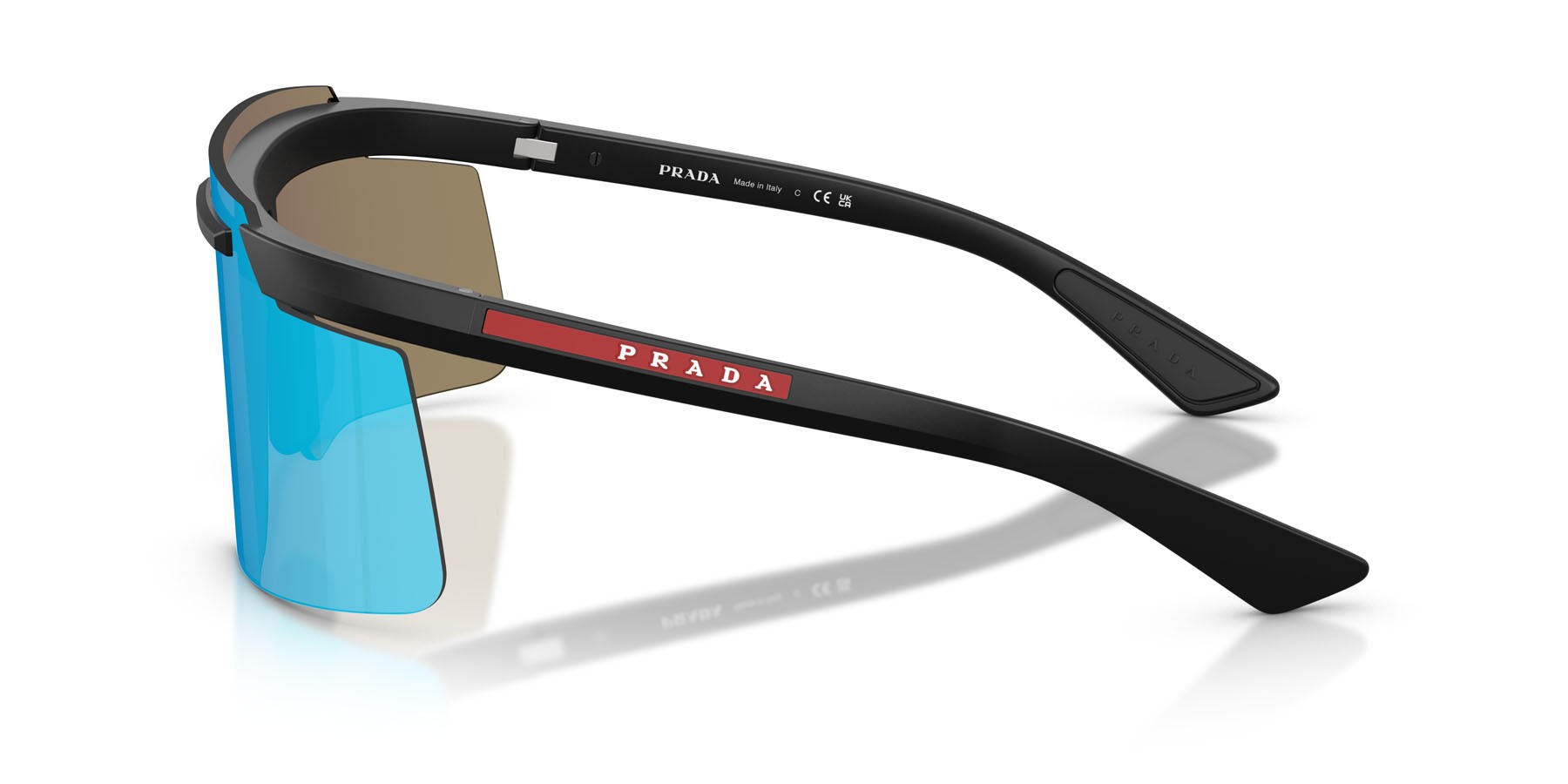 Occhiali da sole Prada Linea Rossa PS B06S (1BO08R) colore nero opaco forma rettangolare lenti verde chiaro specchiato blu