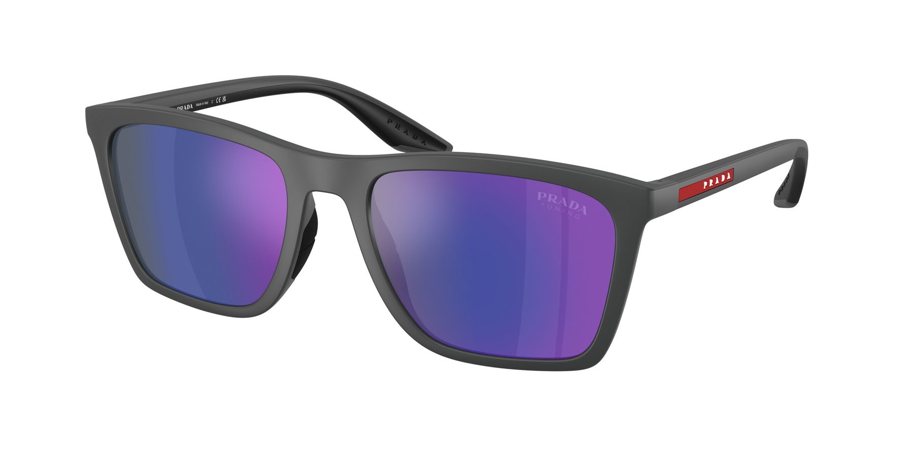 Occhiali da sole Prada Linea Rossa PS B08S (UFK05U) colore gomma grigia forma quadrato lenti blu scuro specchiata viola