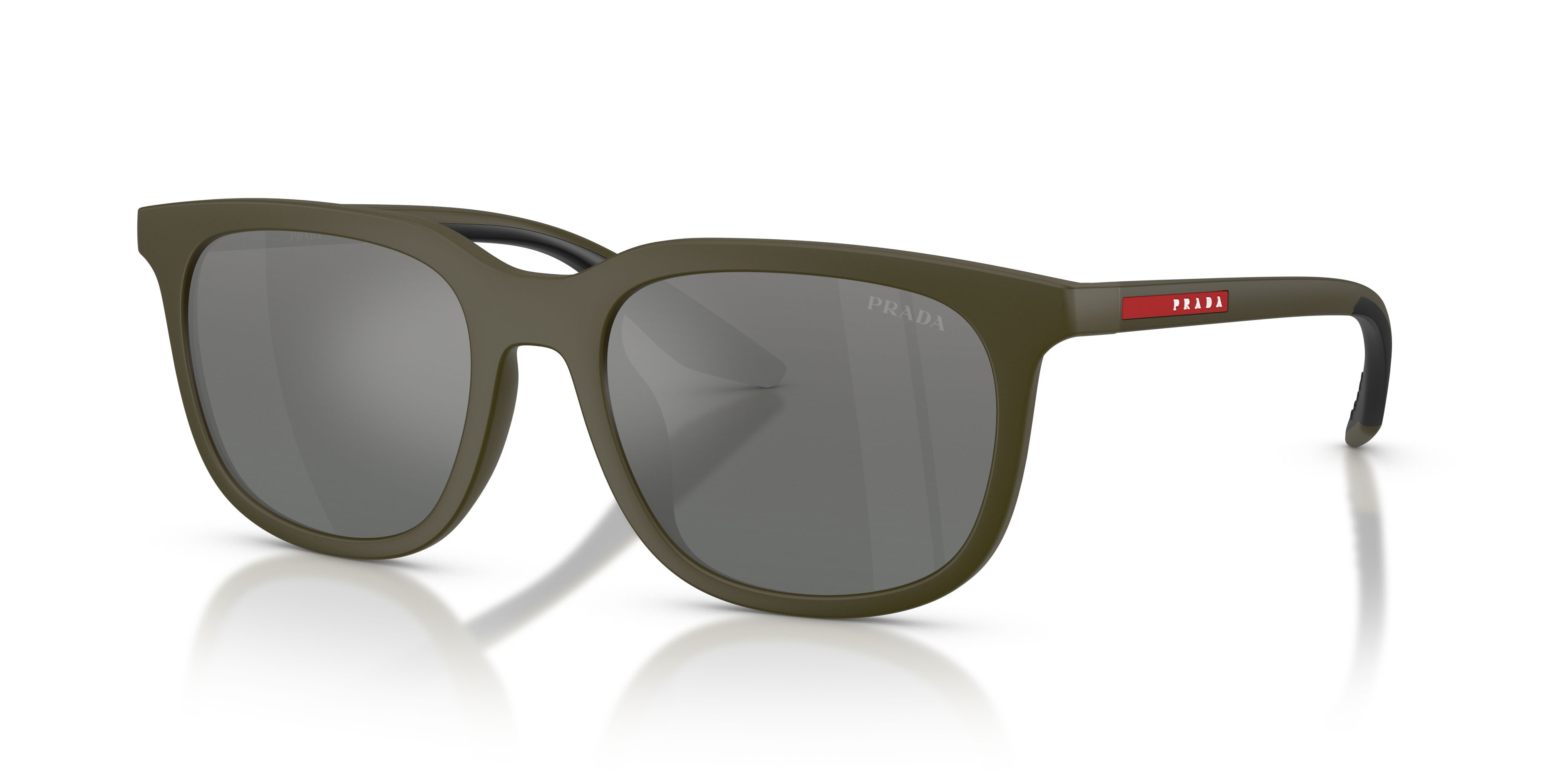 Occhiali da sole Prada Linea Rossa PS B09SU (15X41A) colore verde opaco forma quadrato lenti grigio sfumato argento a specchio