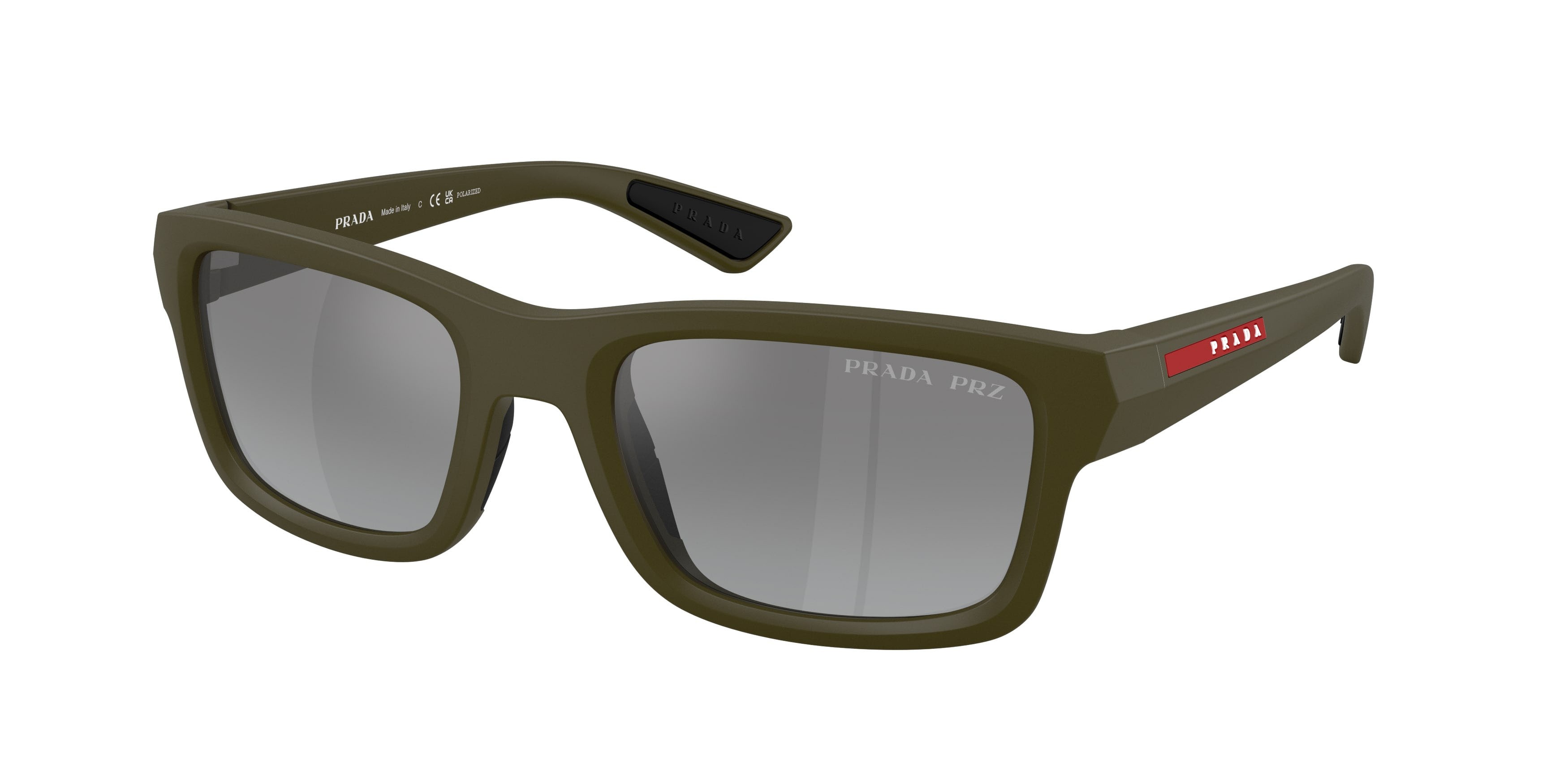 Occhiali da sole Prada Linea Rossa PS B10S (15X2F2) colore verde opaco forma irregolare lenti grigio sfumato specchiato