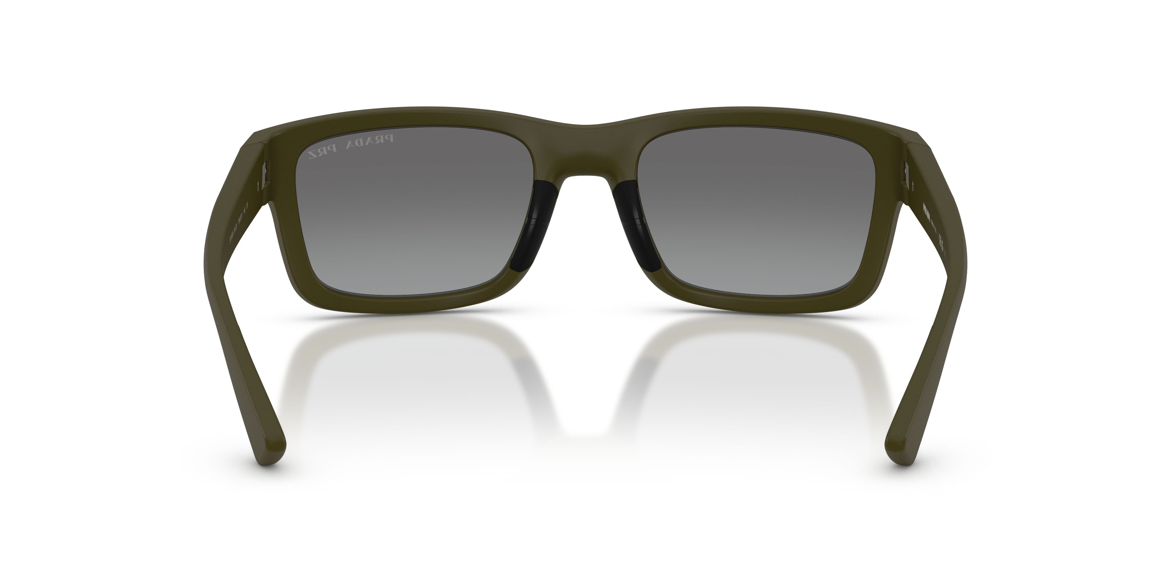 Occhiali da sole Prada Linea Rossa PS B10S (15X2F2) colore verde opaco forma irregolare lenti grigio sfumato specchiato