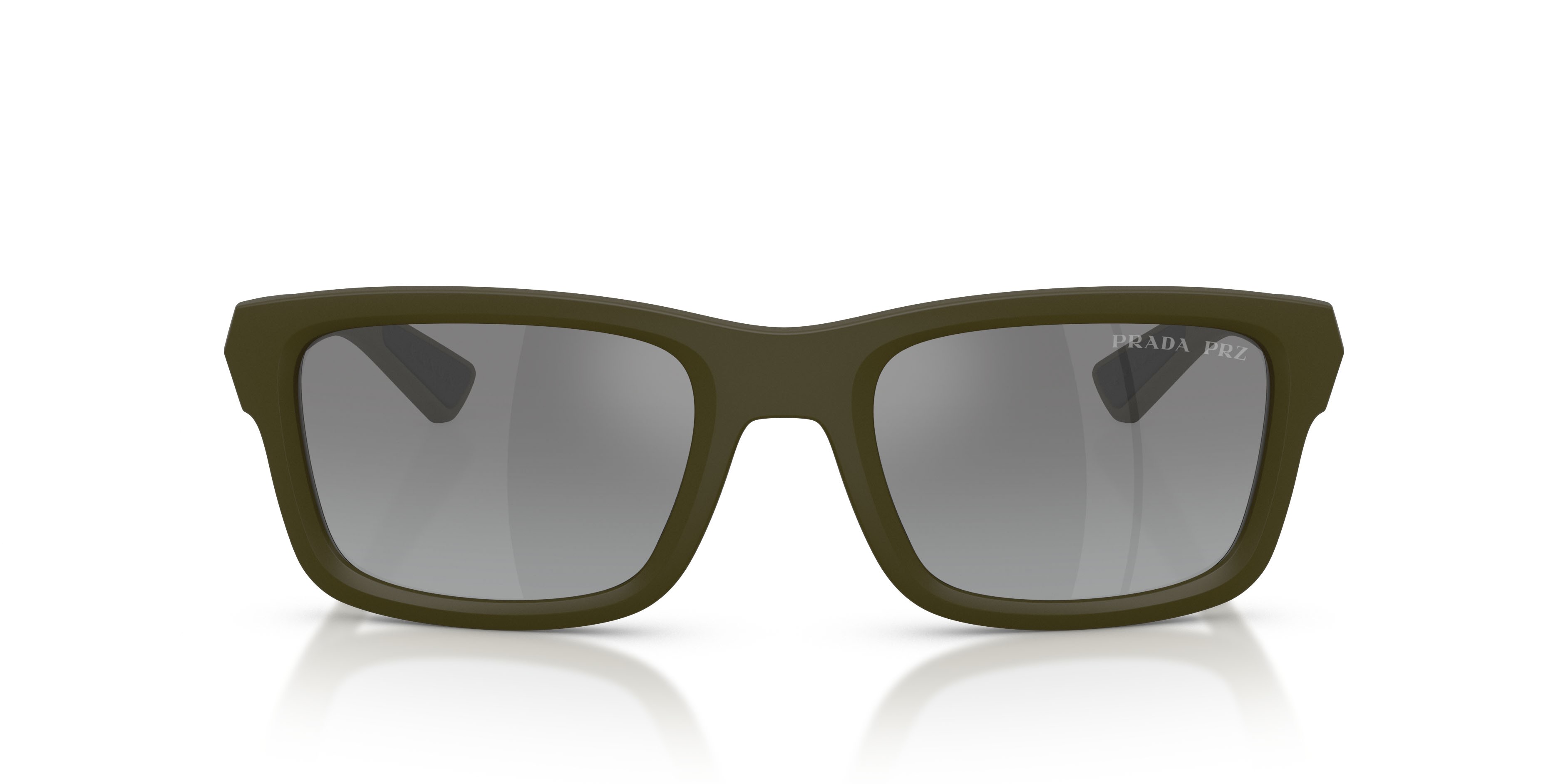 Occhiali da sole Prada Linea Rossa PS B10S (15X2F2) colore verde opaco forma irregolare lenti grigio sfumato specchiato