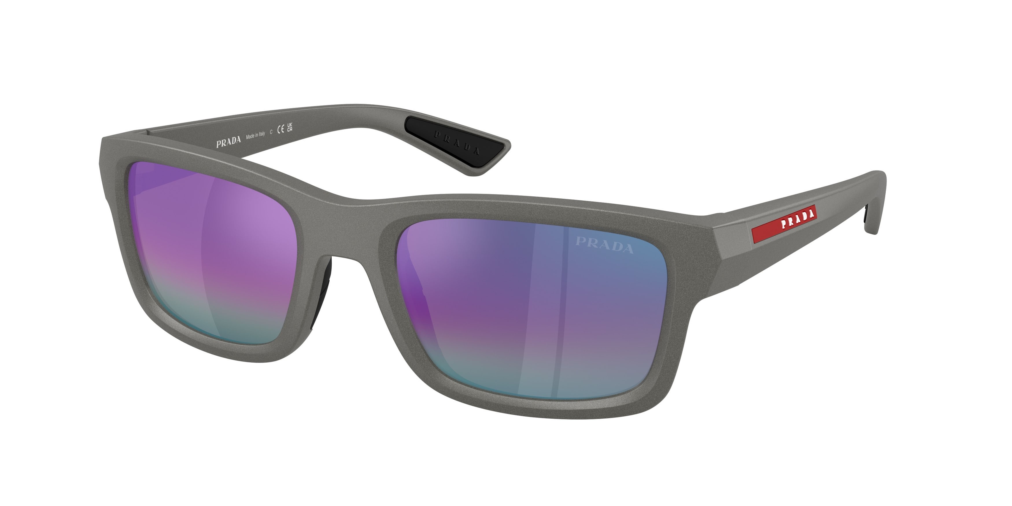 Occhiali da sole Prada Linea Rossa PS B10S (16X50Z) colore silver metal forma irregolare lenti violetto sfumato argento