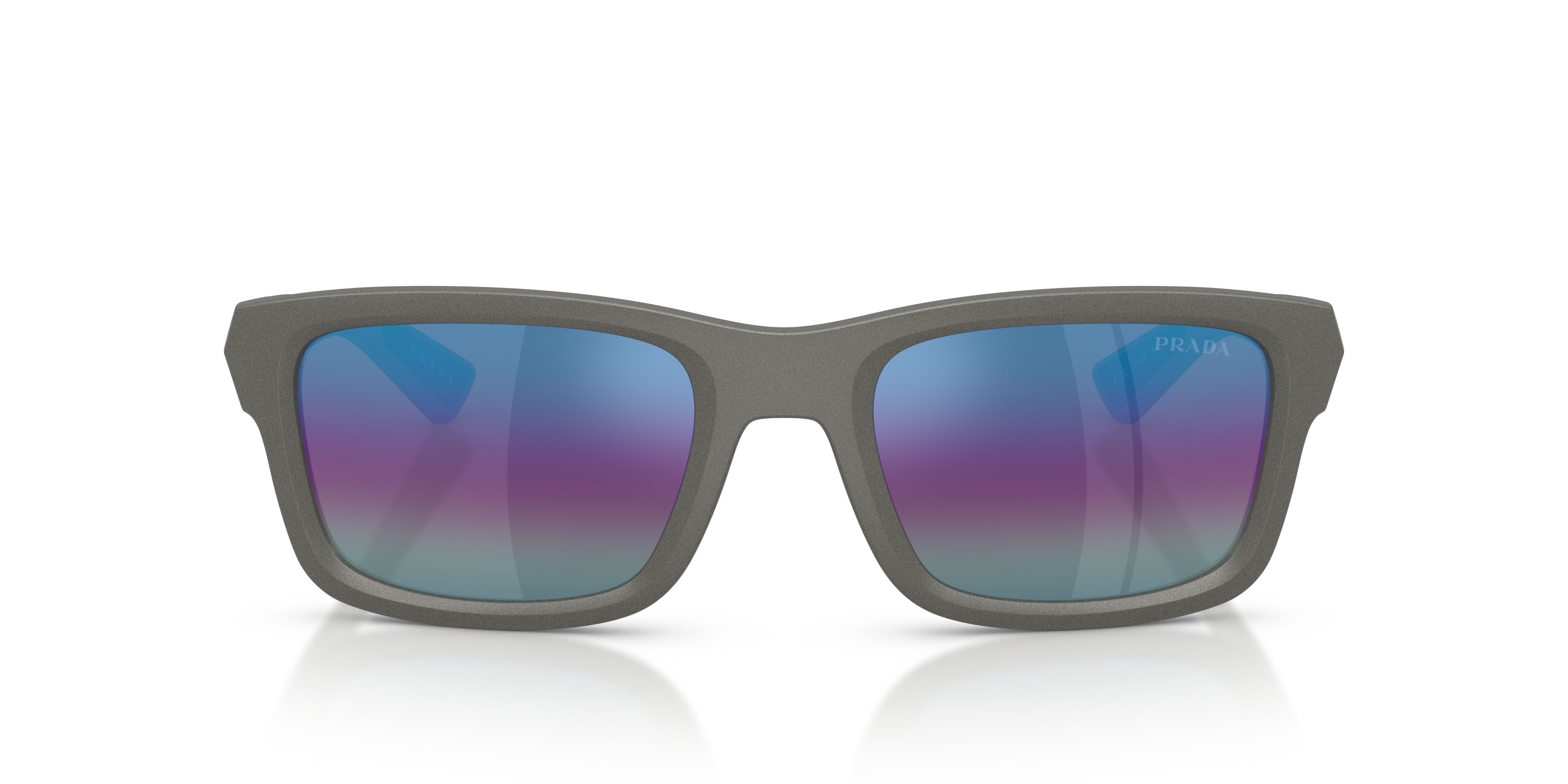 Occhiali da sole Prada Linea Rossa PS B10S (16X50Z) colore silver metal forma irregolare lenti violetto sfumato argento