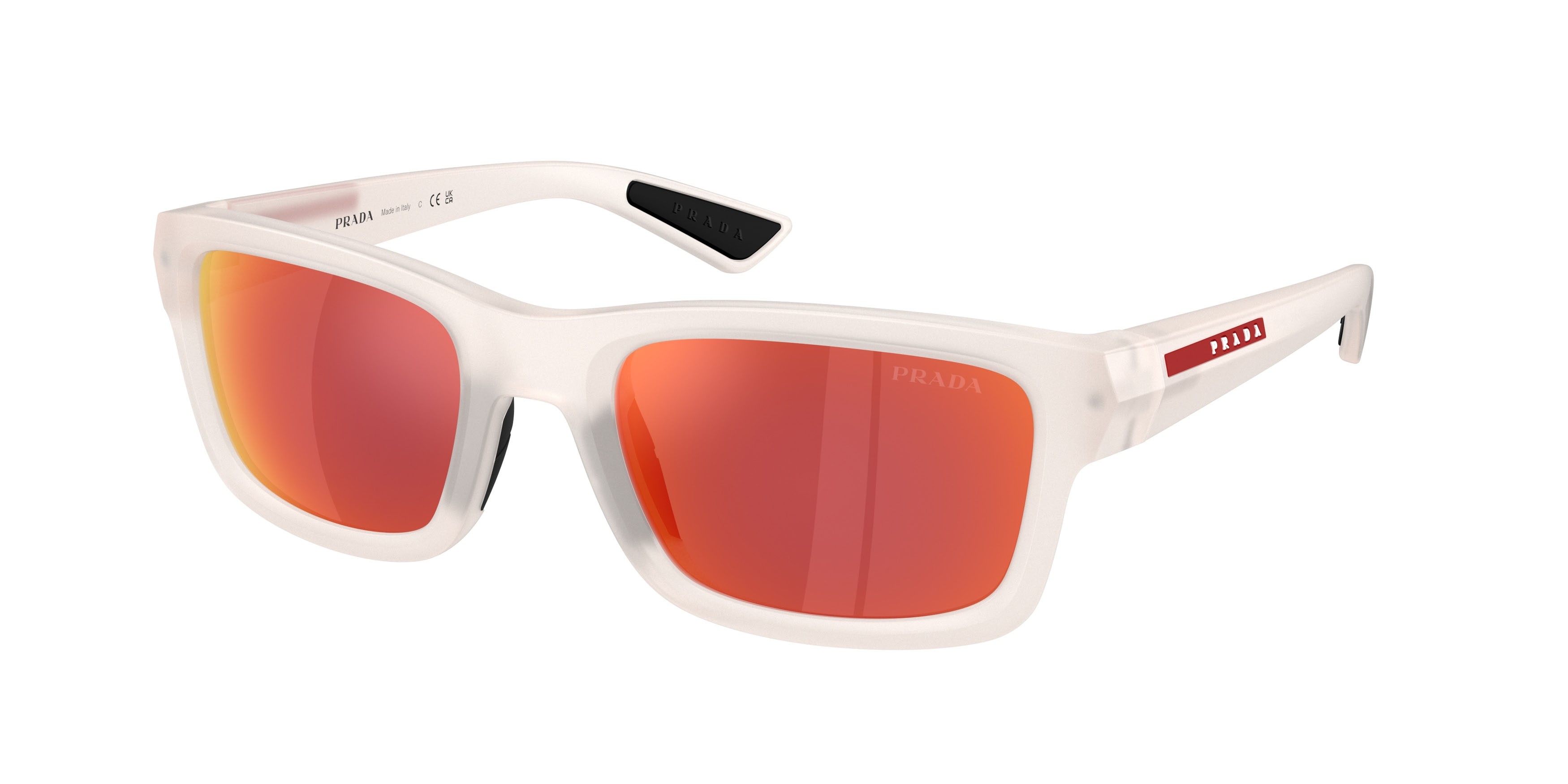 Occhiali da sole Prada Linea Rossa PS B10S (28M90Z) colore frosted crystal forma irregolare lenti marrone specchiato arancione