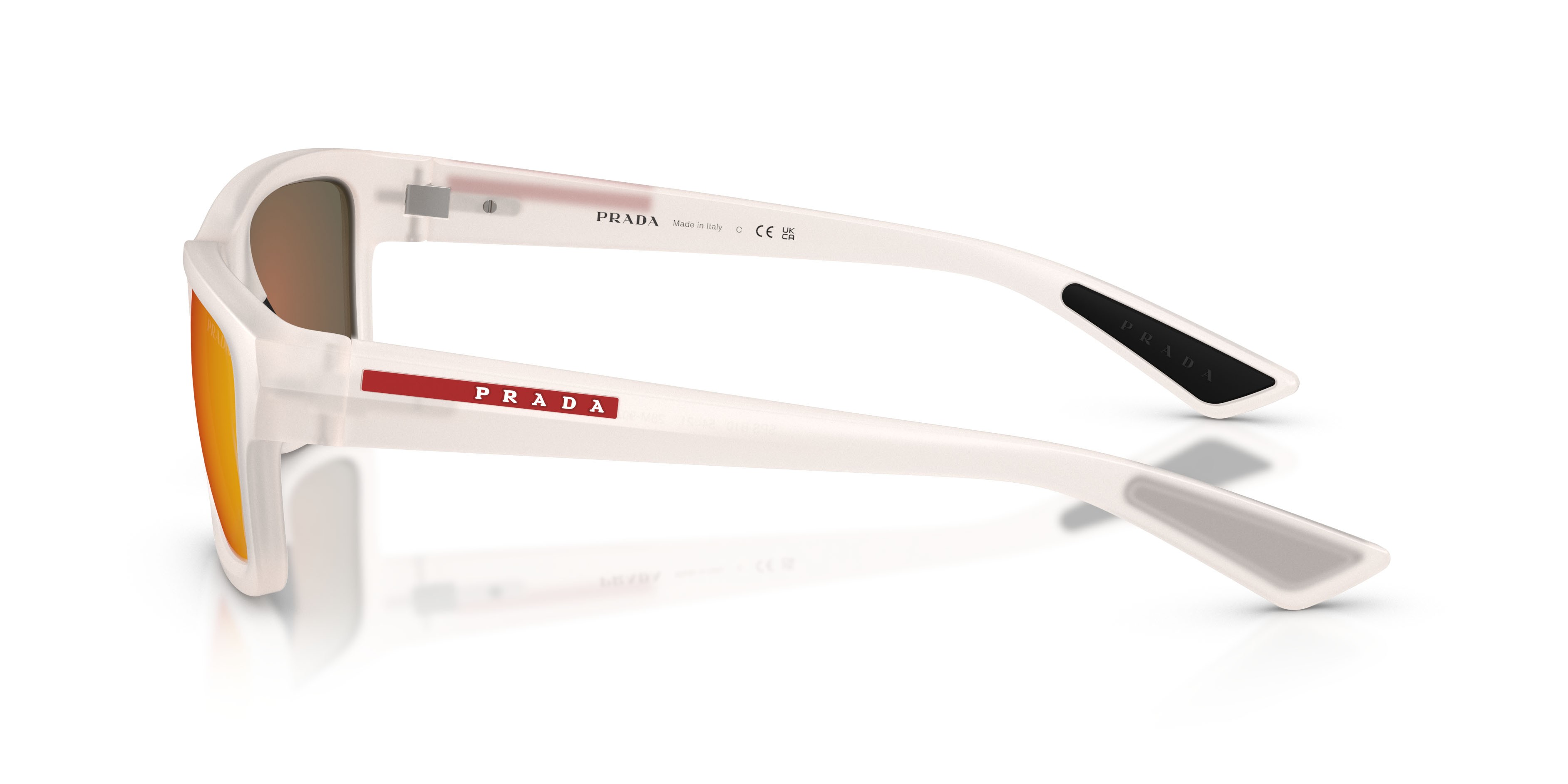 Occhiali da sole Prada Linea Rossa PS B10S (28M90Z) colore frosted crystal forma irregolare lenti marrone specchiato arancione