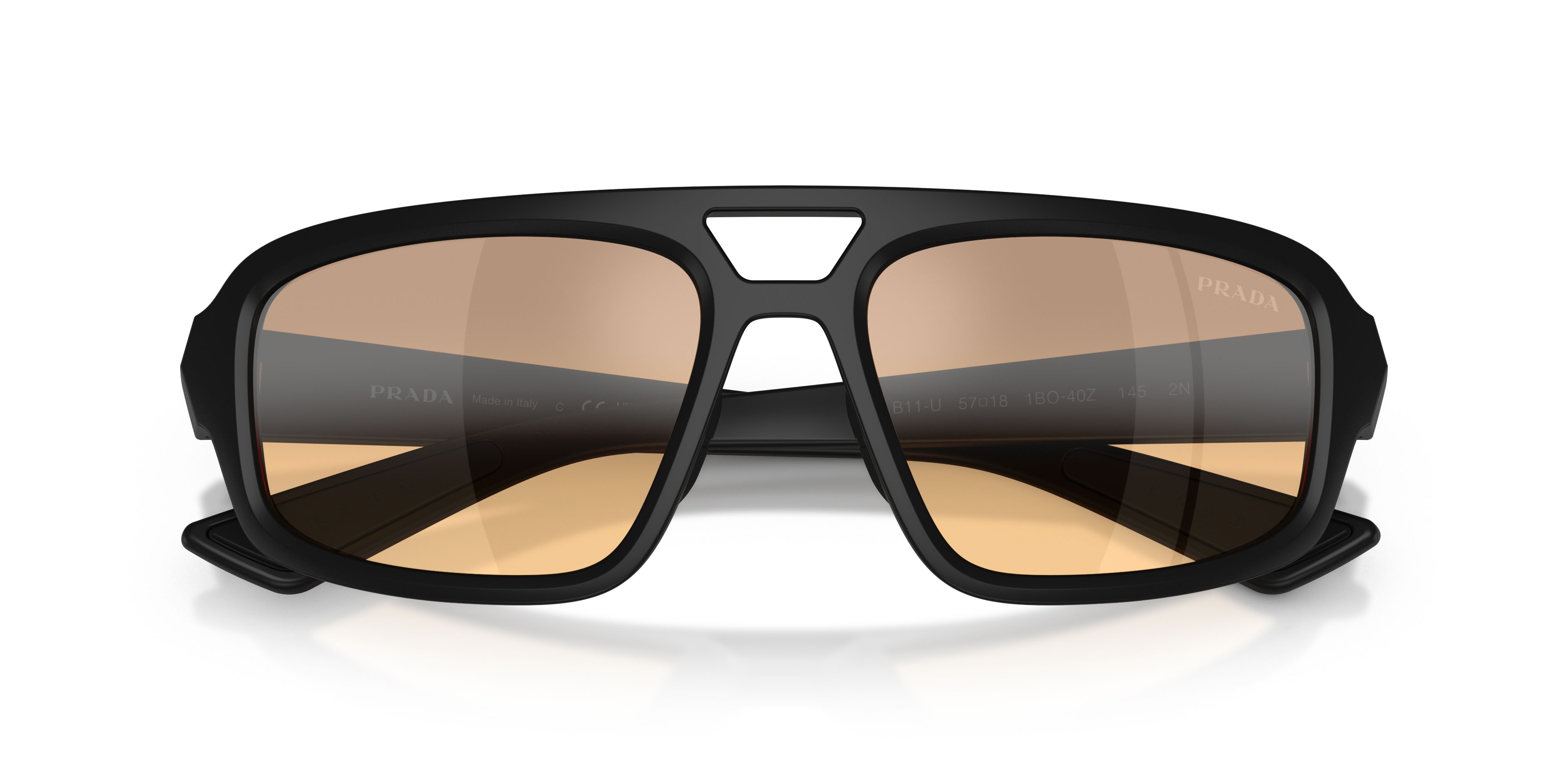 Occhiali da sole Prada Linea Rossa PS B11SU (1BO40Z) colore nero opaco forma irregolare lenti arancione specchiato argento sfumato