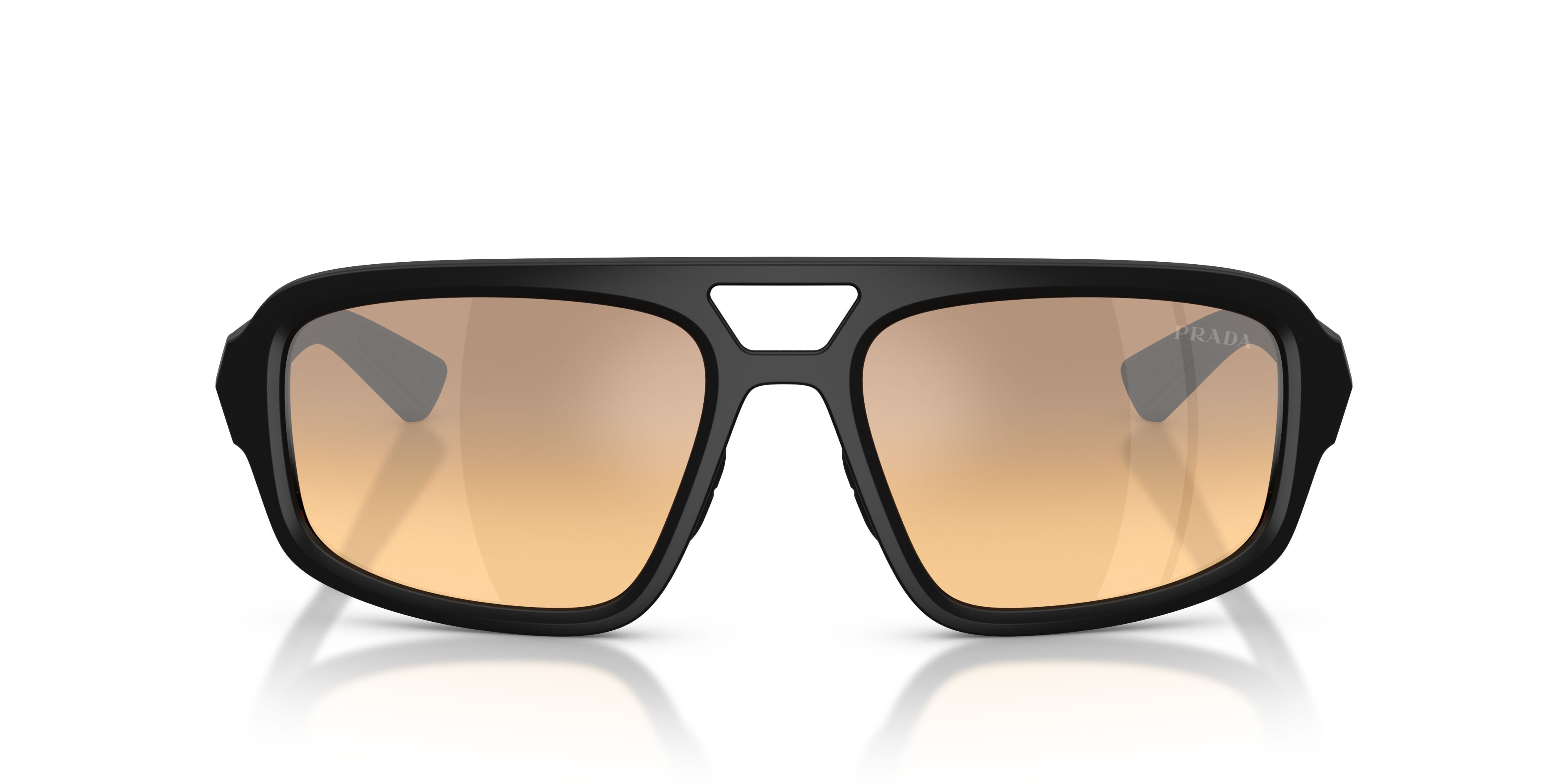 Occhiali da sole Prada Linea Rossa PS B11SU (1BO40Z) colore nero opaco forma irregolare lenti arancione specchiato argento sfumato