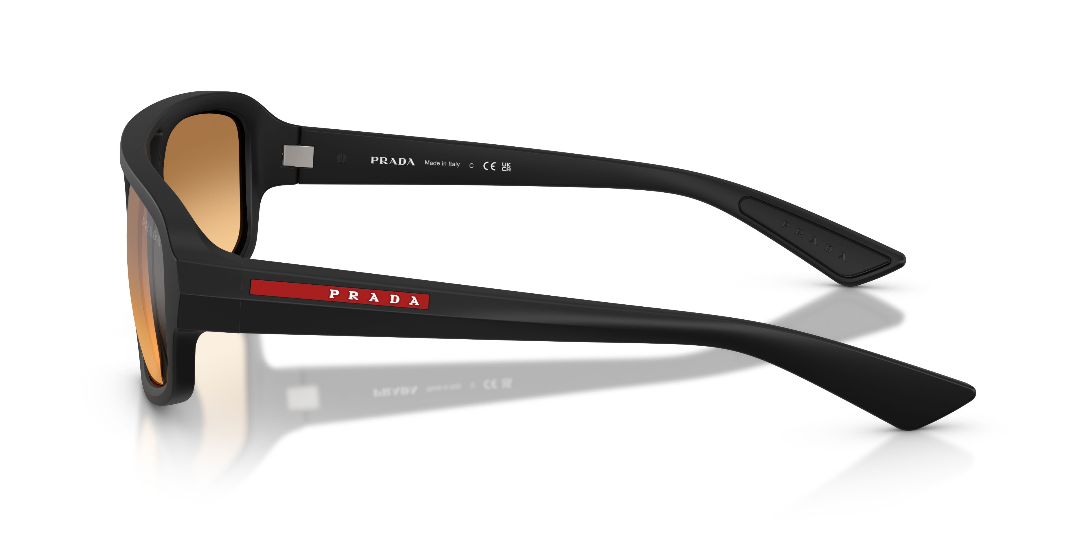 Occhiali da sole Prada Linea Rossa PS B11SU (1BO40Z) colore nero opaco forma irregolare lenti arancione specchiato argento sfumato