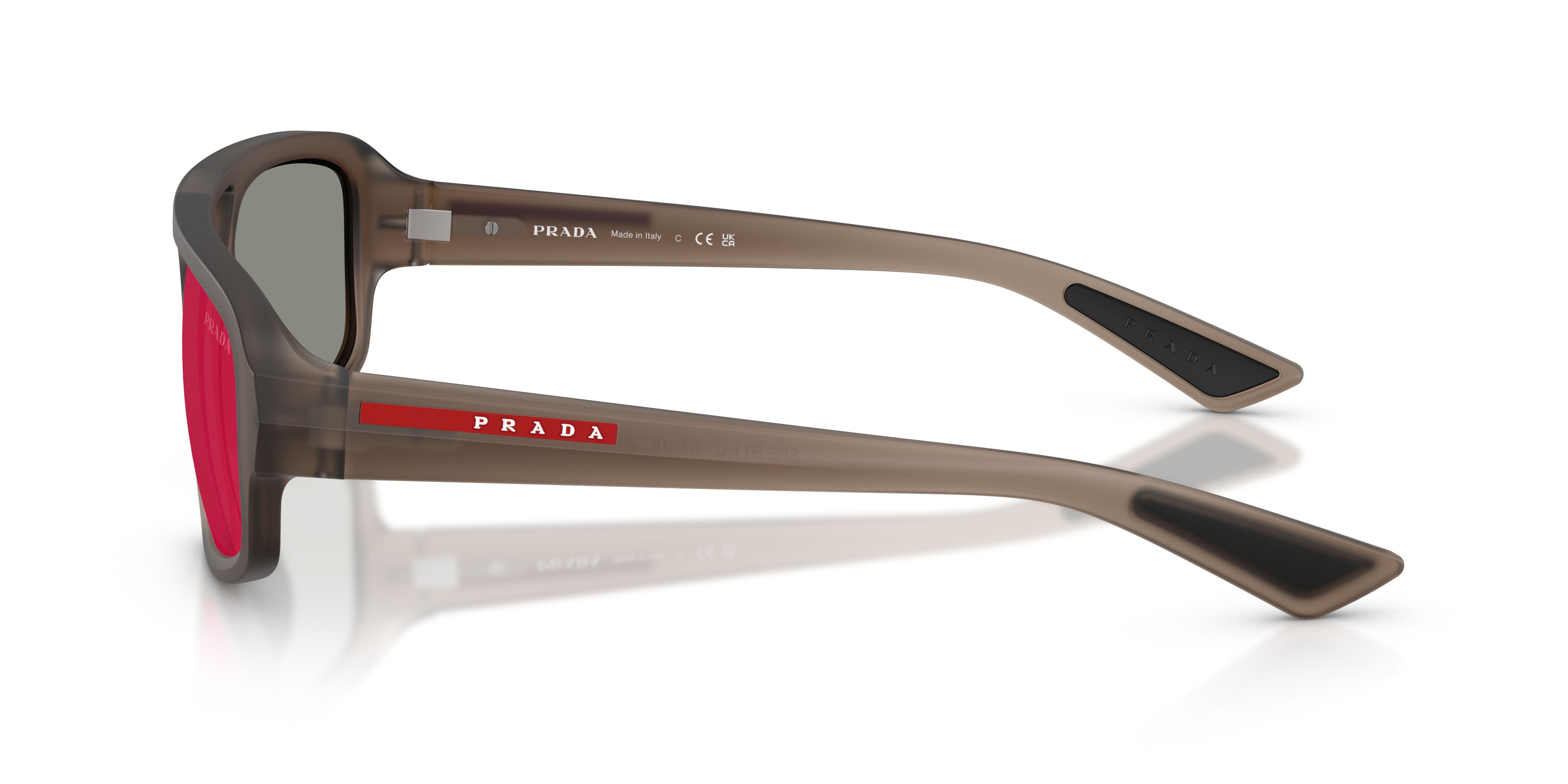 Occhiali da sole Prada Linea Rossa PS B11SU (29F21A) colore frosted brown forma irregolare lenti rosso/blu