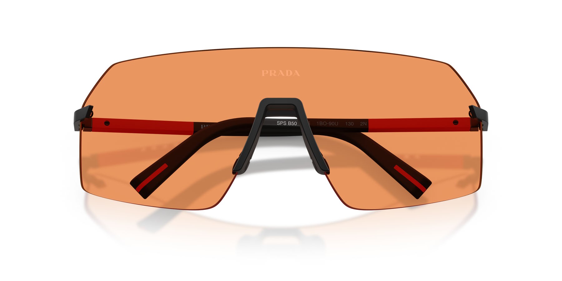 Occhiali da sole Prada Linea Rossa PS B50S (1BO90U) colore nero forma irregolare lenti arancione