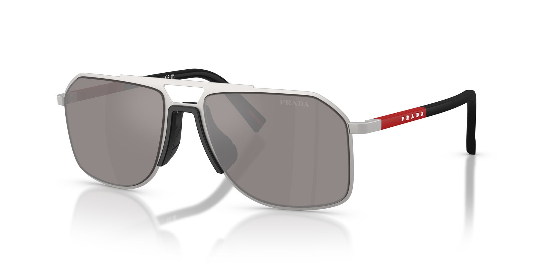 Occhiali da sole Prada Linea Rossa PS B51S (18X80I) colore argento opaco forma aviator lenti viola marrone argento a specchio