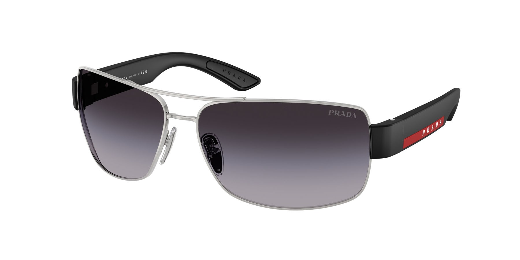 Occhiali da sole Prada Linea Rossa PS B52S (1BC09U) colore argento forma irregolare lenti sfumato grigio