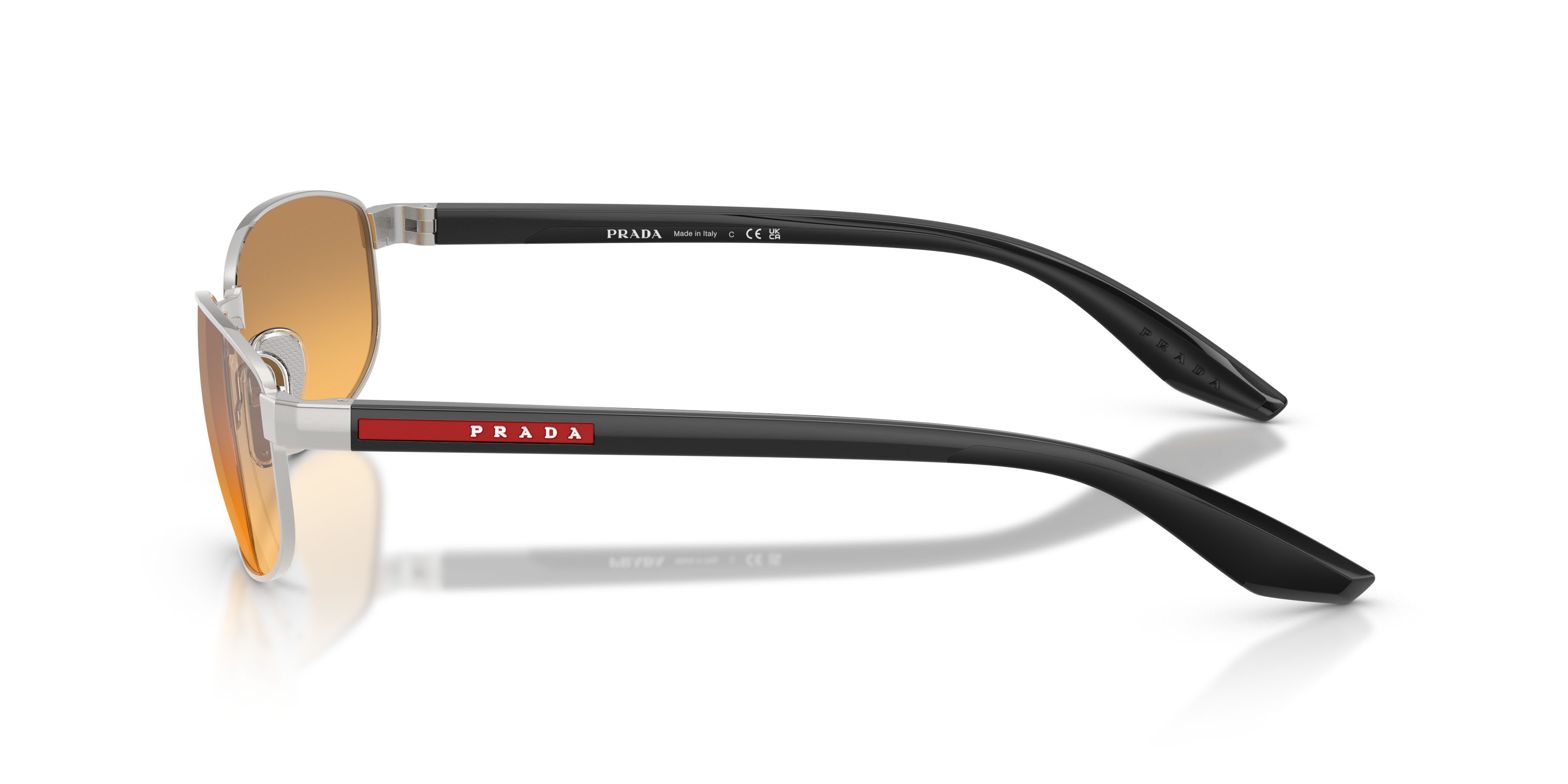 Occhiali da sole Prada Linea Rossa PS B53S (1BC40Z) colore argento forma ovale lenti arancione specchiato argento sfumato