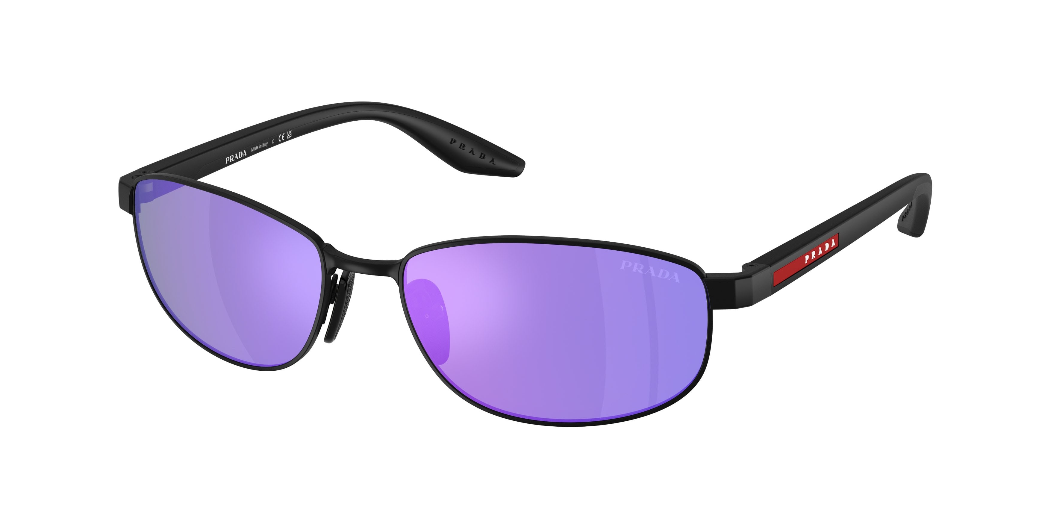 Occhiali da sole Prada Linea Rossa PS B53S (1BO60Z) colore nero opaco forma ovale lenti viola/verde