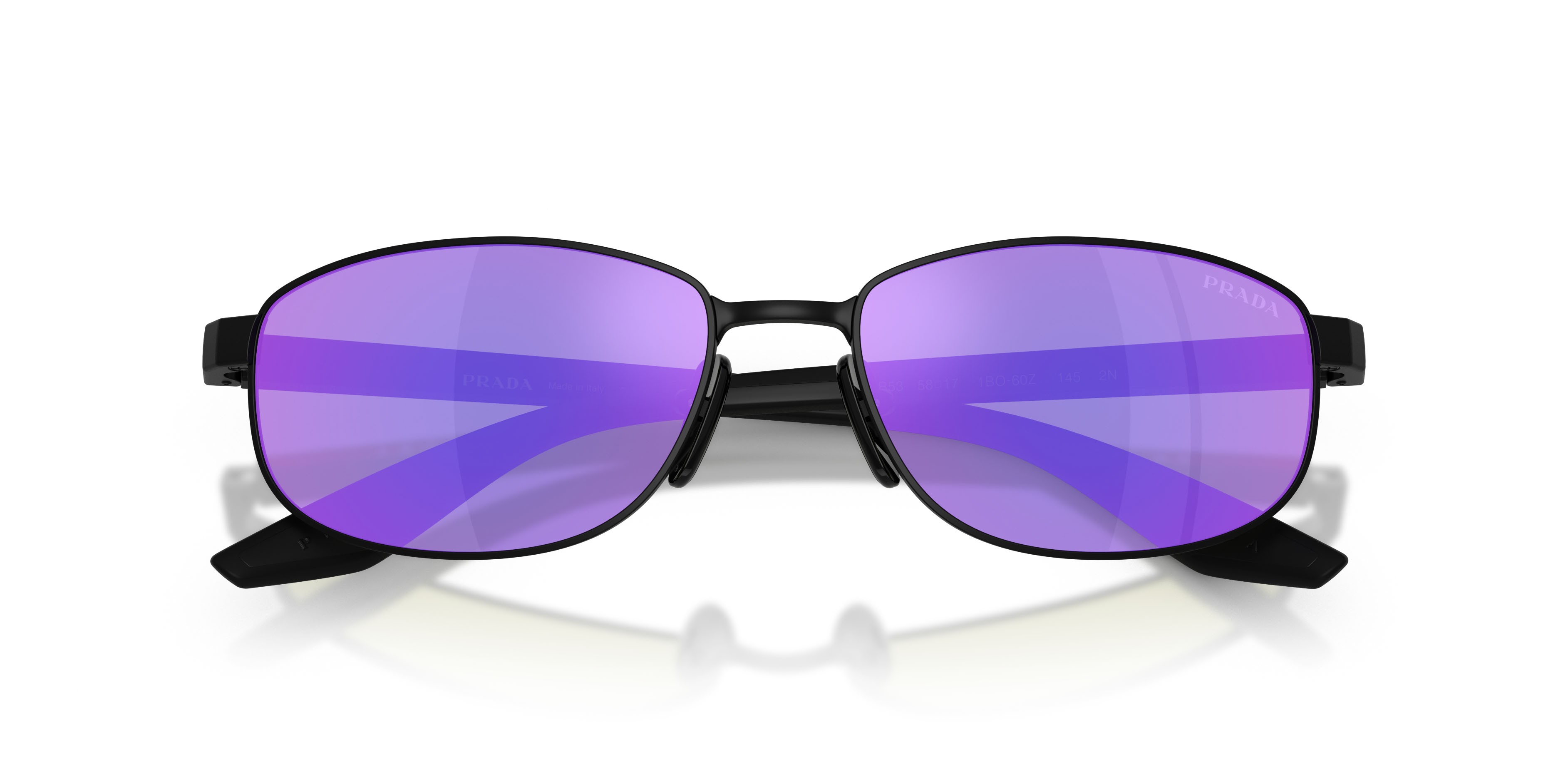 Occhiali da sole Prada Linea Rossa PS B53S (1BO60Z) colore nero opaco forma ovale lenti viola/verde