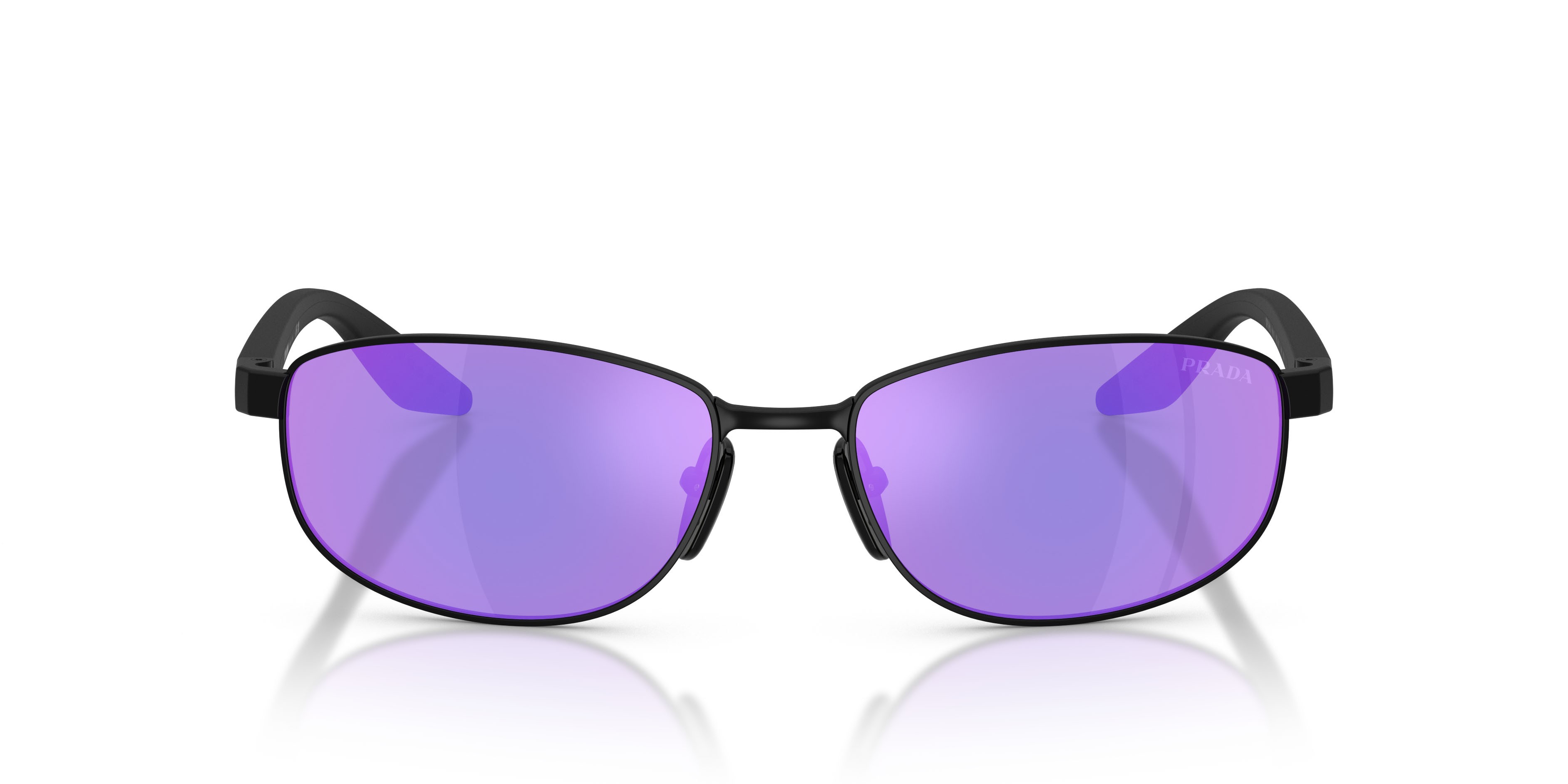 Occhiali da sole Prada Linea Rossa PS B53S (1BO60Z) colore nero opaco forma ovale lenti viola/verde