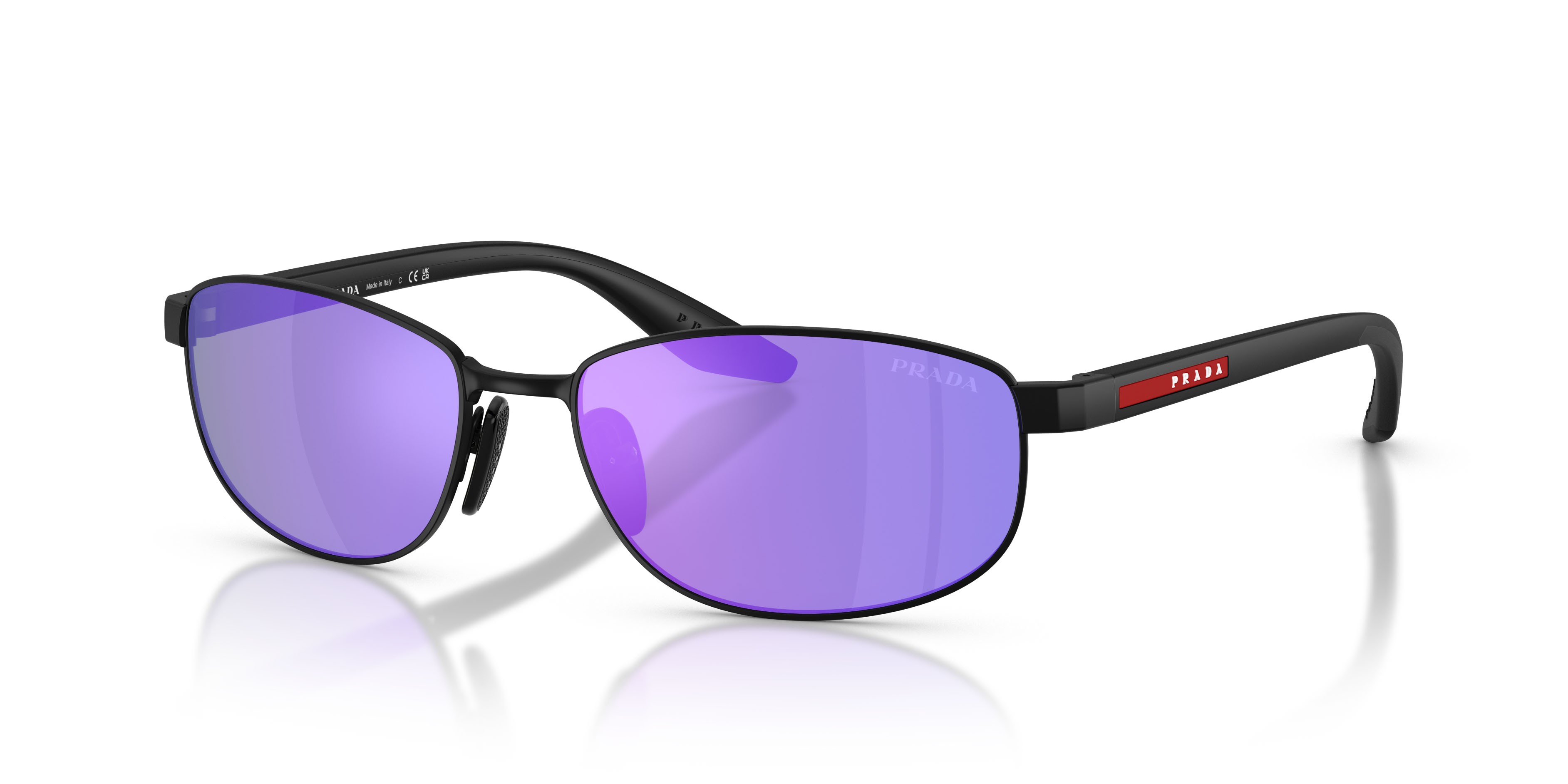 Occhiali da sole Prada Linea Rossa PS B53S (1BO60Z) colore nero opaco forma ovale lenti viola/verde