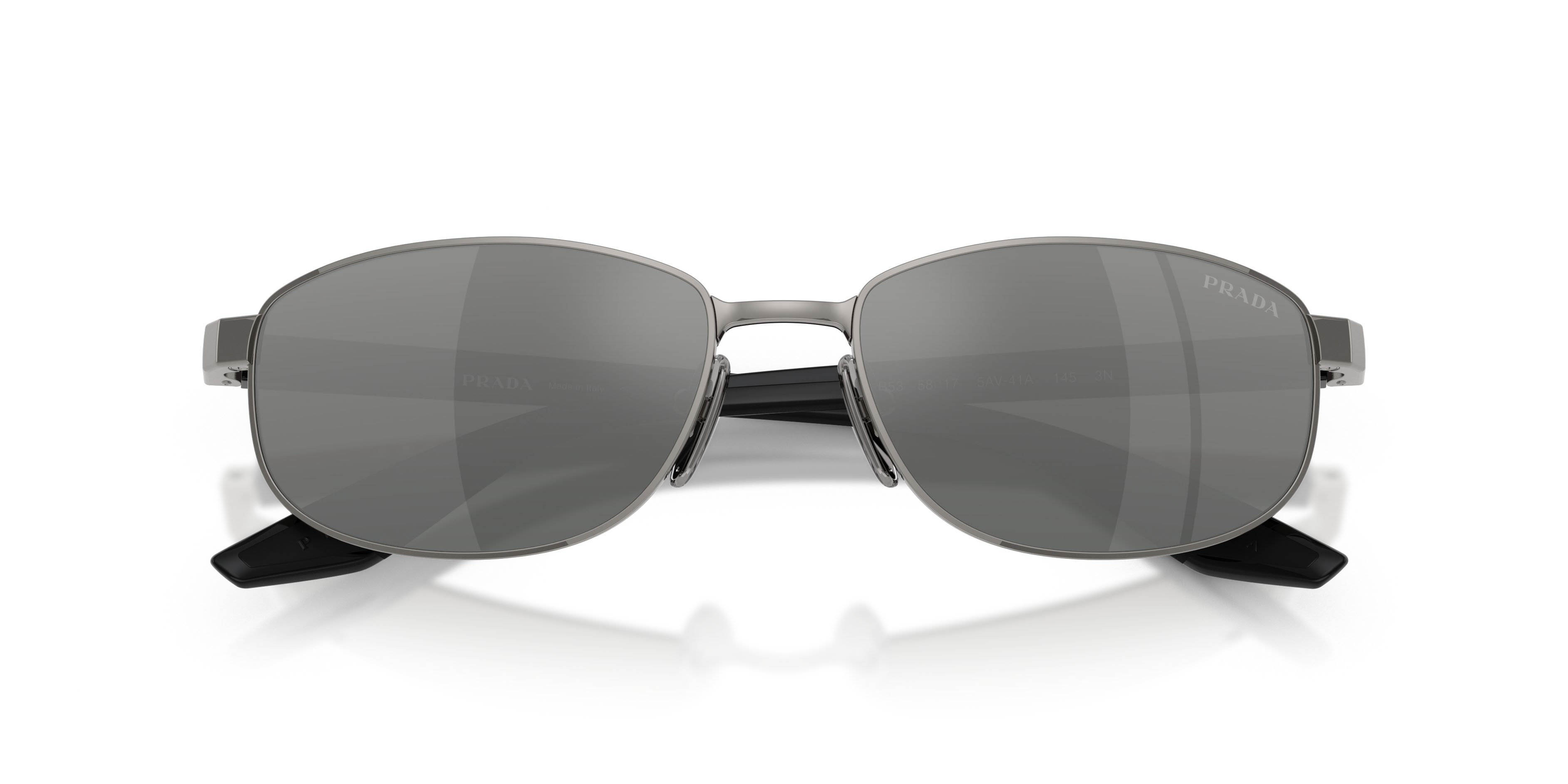 Occhiali da sole Prada Linea Rossa PS B53S (5AV41A) colore grigio metallizzato forma ovale lenti grigio sfumato argento a specchio