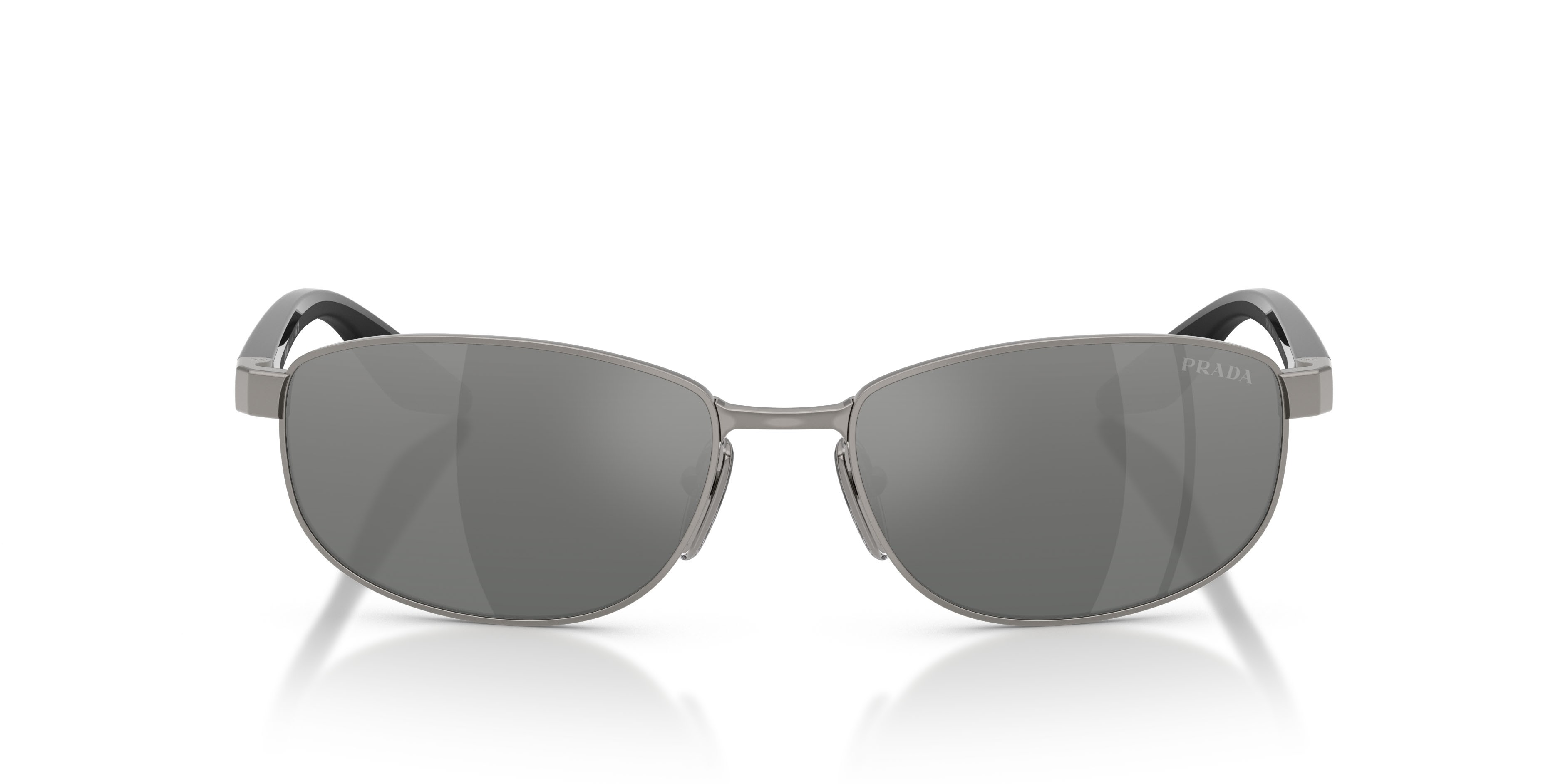 Occhiali da sole Prada Linea Rossa PS B53S (5AV41A) colore grigio metallizzato forma ovale lenti grigio sfumato argento a specchio
