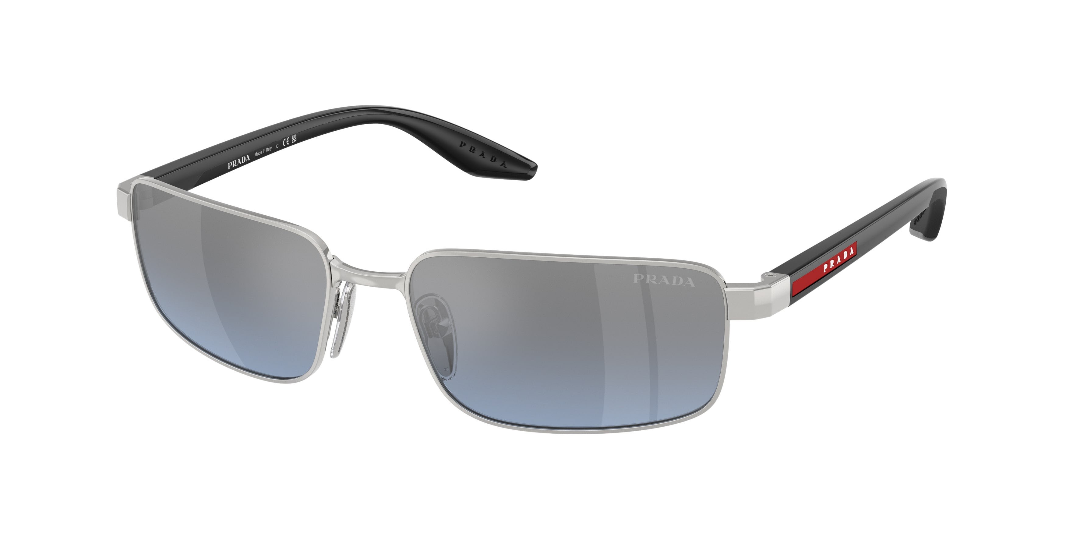 Occhiali da sole Prada Linea Rossa PS B54S (1BC11A) colore argento forma rettangolare lenti blu/specchiata argento